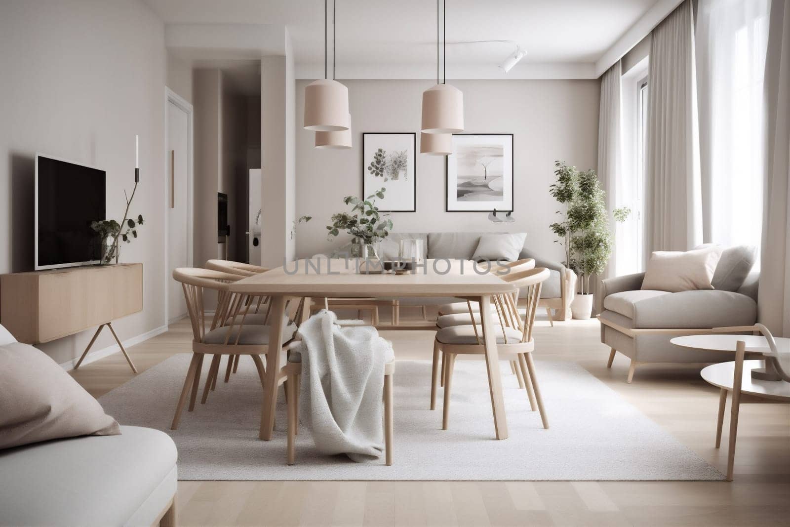 interior background decor apartment sofa elegant light beige modern space living window plant design home comfortable green luxury. Generative AI.