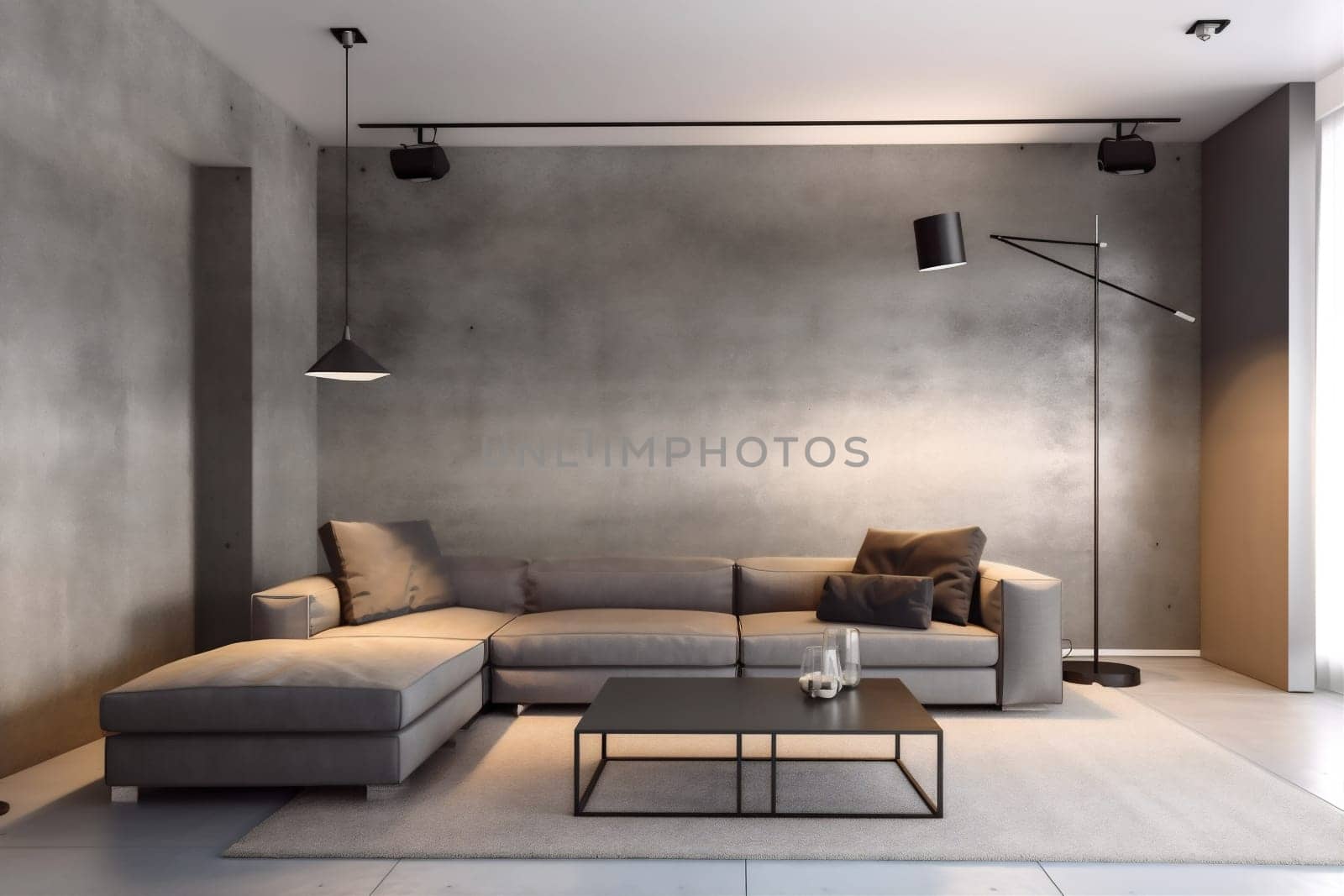 interior background white style contemporary room scandinavian living trendy couch floor living room pillow concrete wall lifestyle loft cushion space stylish green decoration. Generative AI.