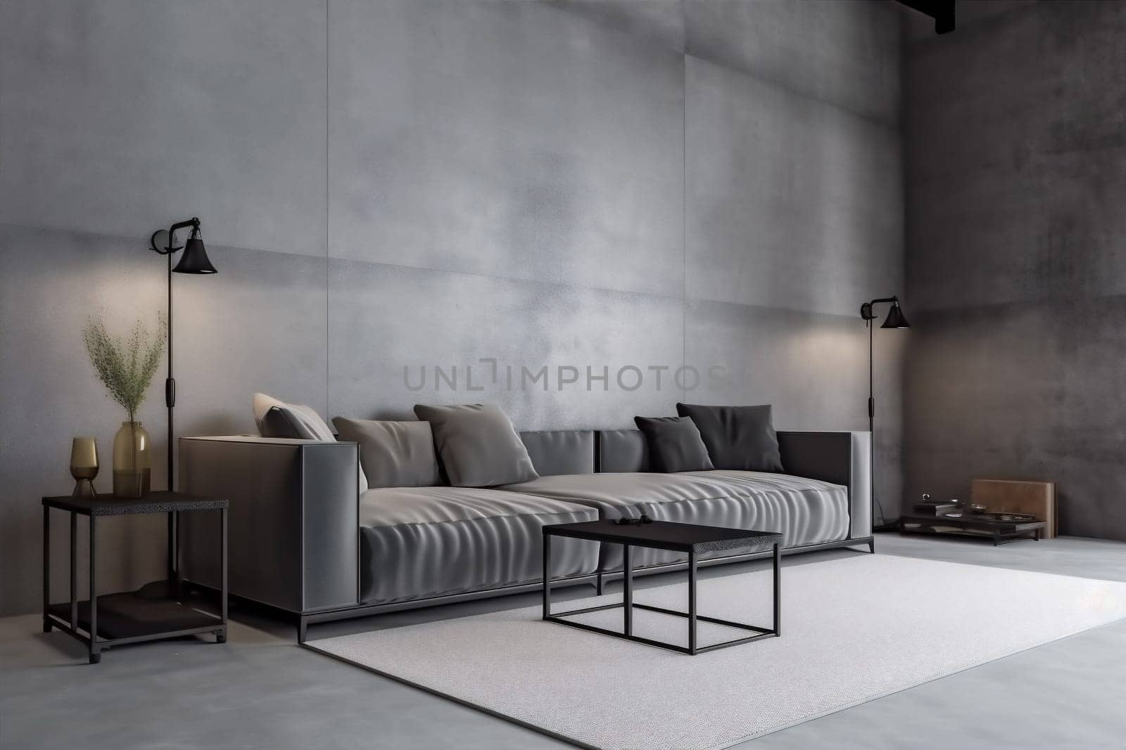 interior stylish scandinavian furniture sofa living lounge concrete light lifestyle render trendy design. Generative AI.