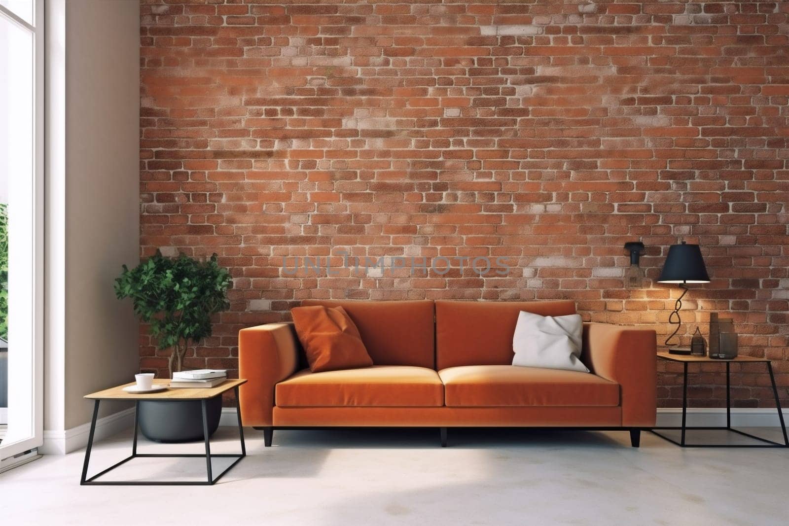 interior loft home terracotta render trendy sofa contemporary luxury floor light modern lamp. Generative AI.