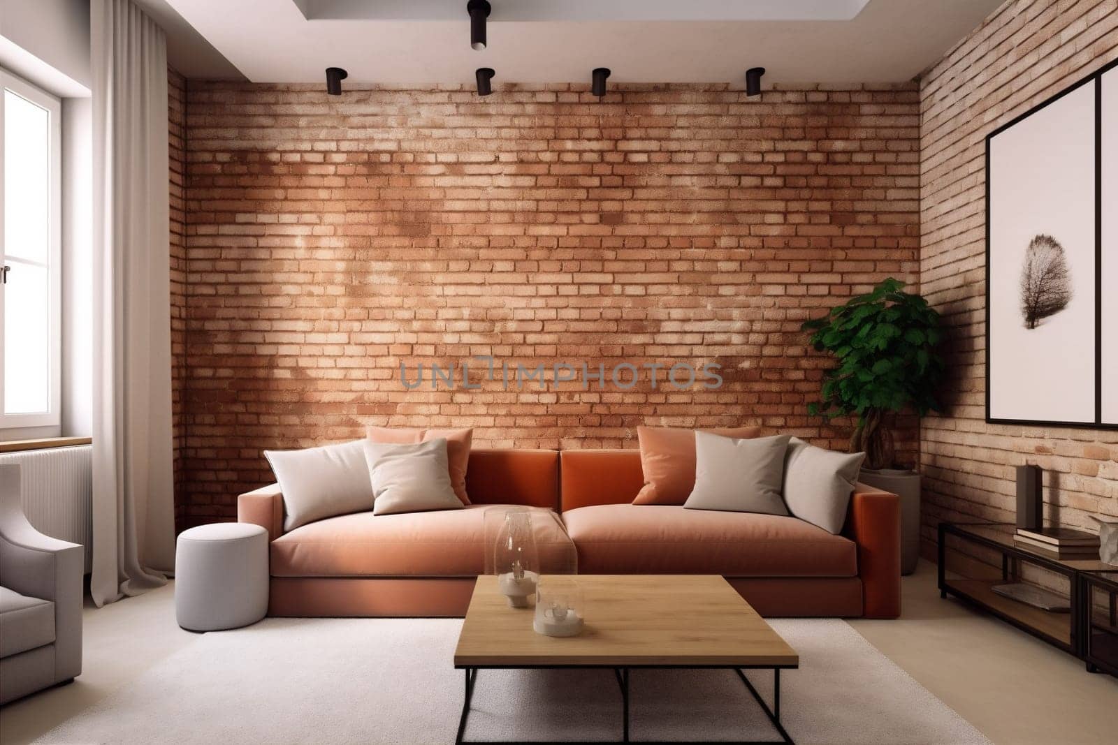 interior cushion house carpet furniture loft living room brick wall decor sofa room pillow wall home white contemporary. Generative AI.