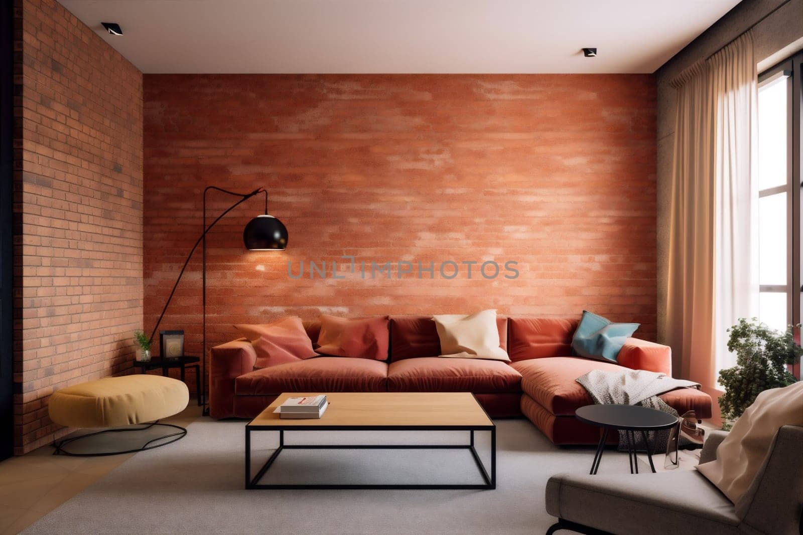 interior background wall decoration brick contemporary white loft apartment luxury house pillow space terracotta lifestyle couch brick wall empty living room design. Generative AI.