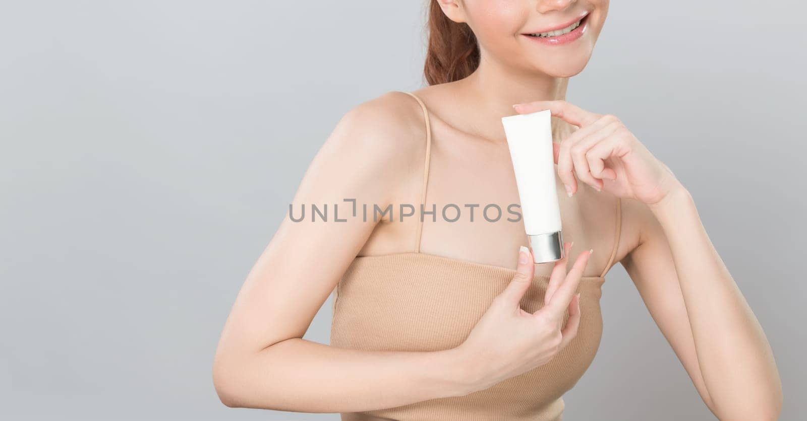Glamorous beautiful perfect natural cosmetic skin woman portrait hold mockup tub moisturizer cream for skincare treatment, anti-aging product advertisement in isolated background.