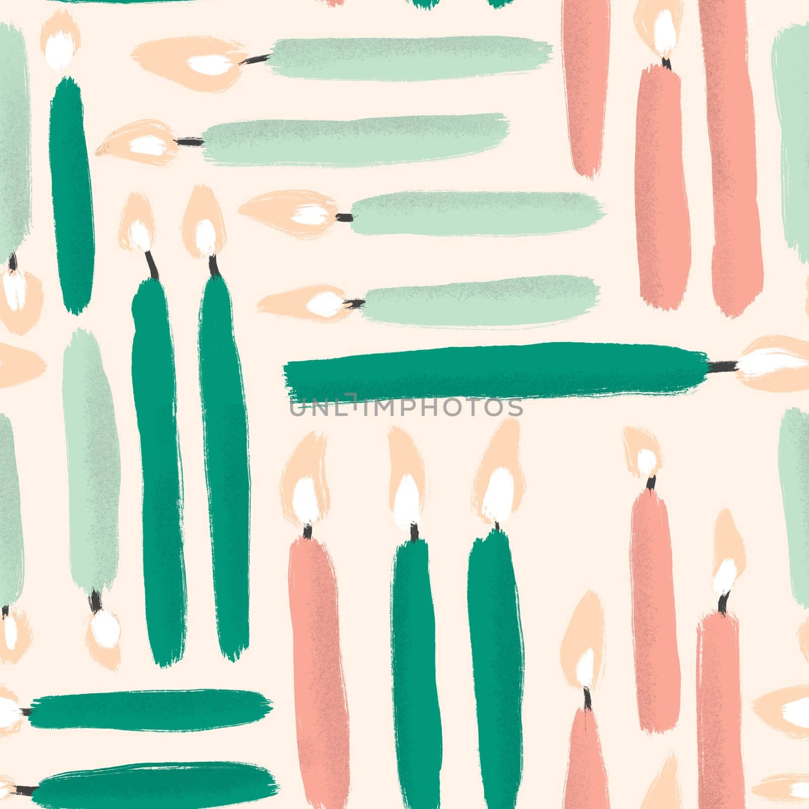 Hand drawn seamless pattern with green orange mint birthday candles on light beige background. Holiday party celebration decoration, wrapping paper for gifts presents, pastel fun happy background in modern sketch style, bday greetings. by Lagmar