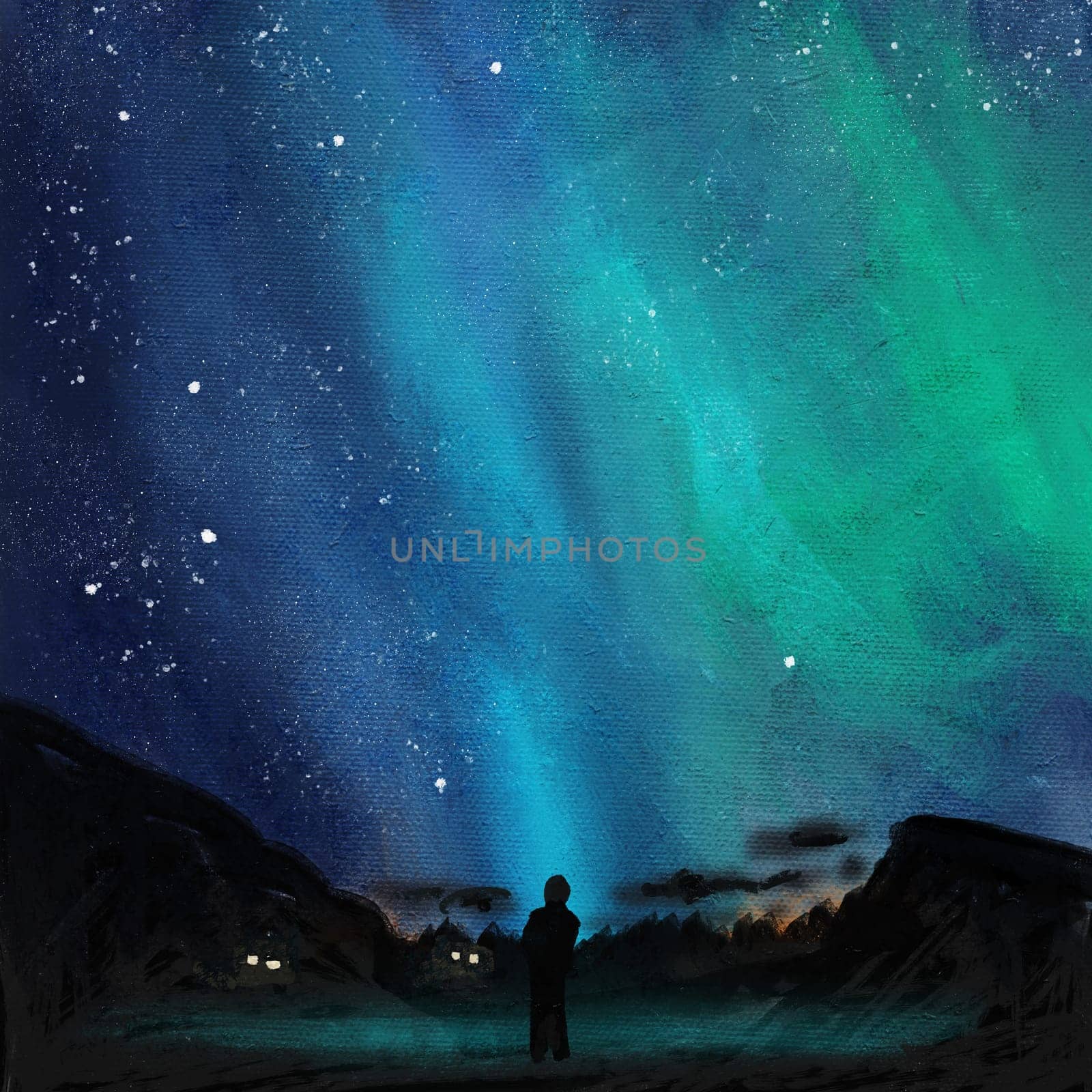 Hand drawn oil painting illustration of aurora borealis northern lights. Blue green winter artic phenomenon, man silhouette standing dark black mountains, natural space sky north nature, norway finland