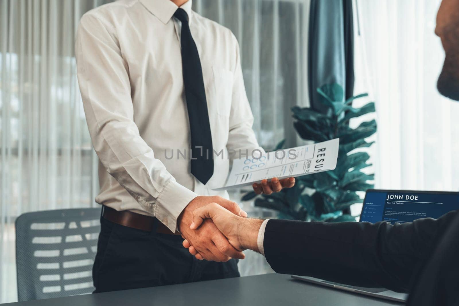 Successful job interview at business office with handshake. Positive discussion of qualifications and application for position. Job hiring concept between candidate and interviewer. Fervent
