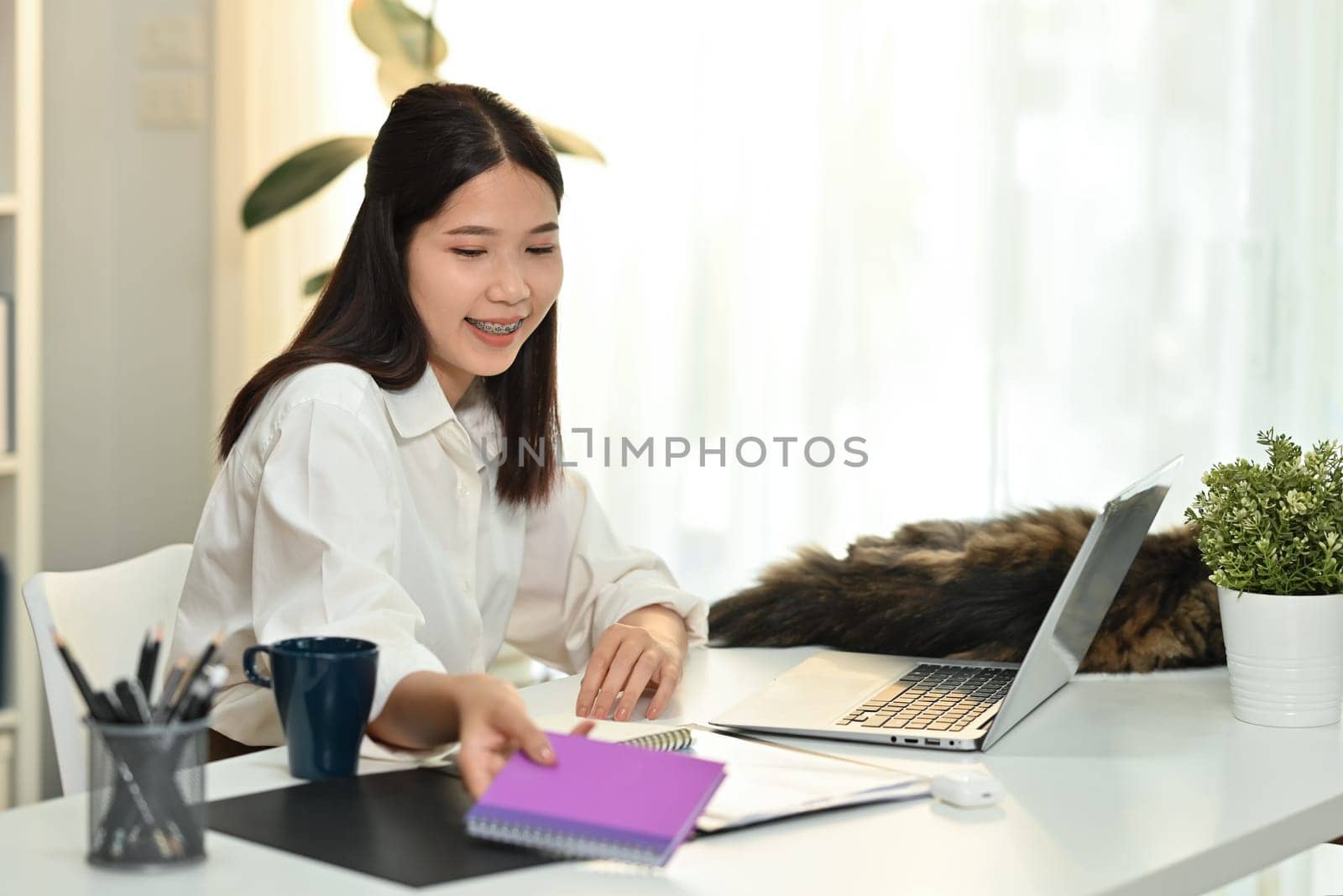 Young woman working at home office with domestic cat on table. High quality photo