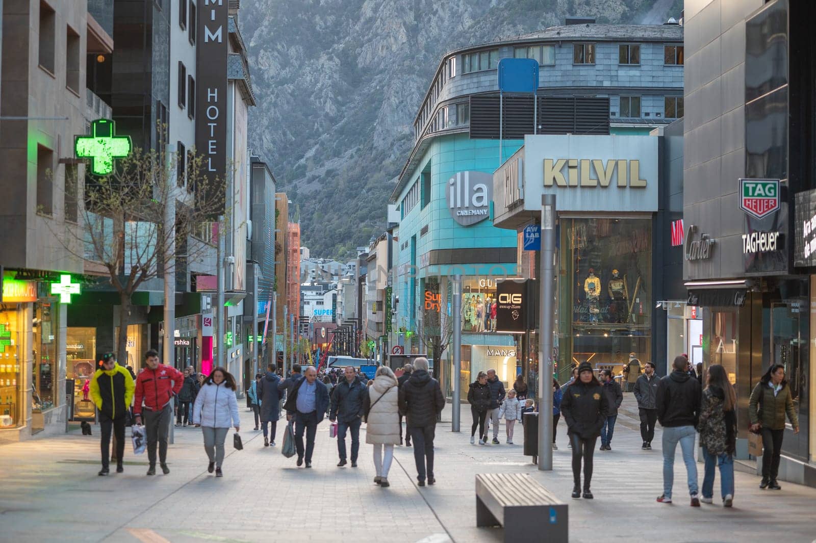 Andorra La Vella, Andorra : 2023 Aprill 15 : People Walk in the Comercial Street named Meritxell. Andorra la Vella, Andorra in winter.