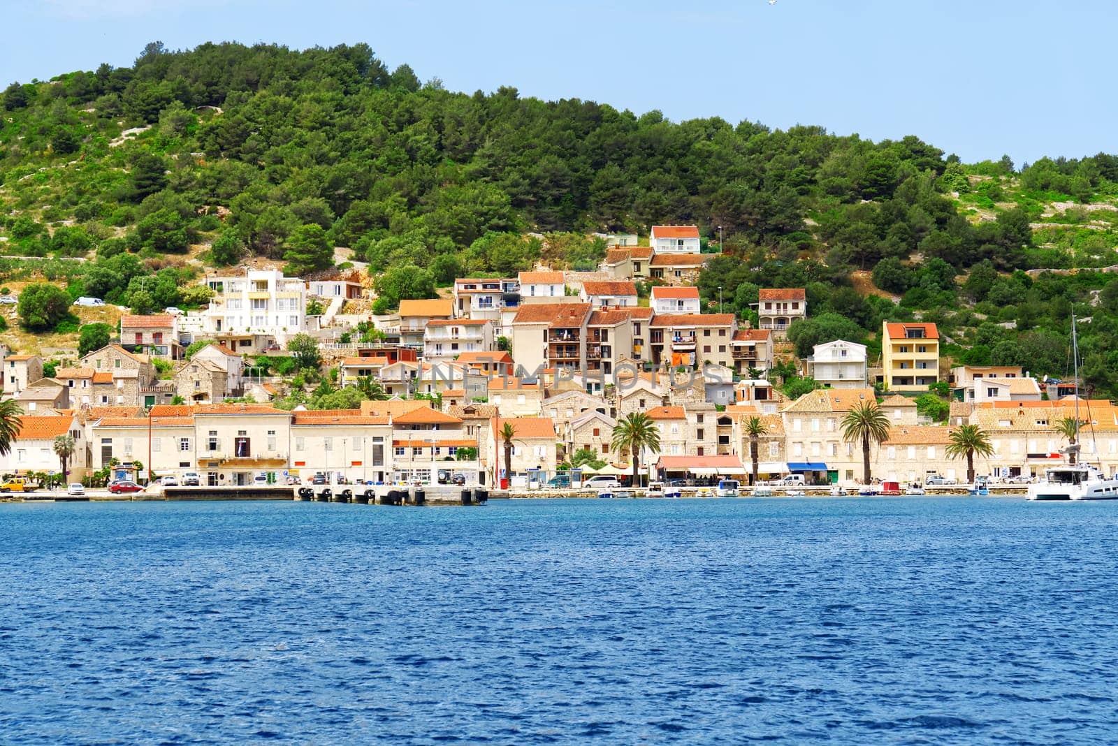 Island of Vis bay aerial view, Dalmatia, Croatia. Europe paradice Vis Island in bay of adriatic sea.