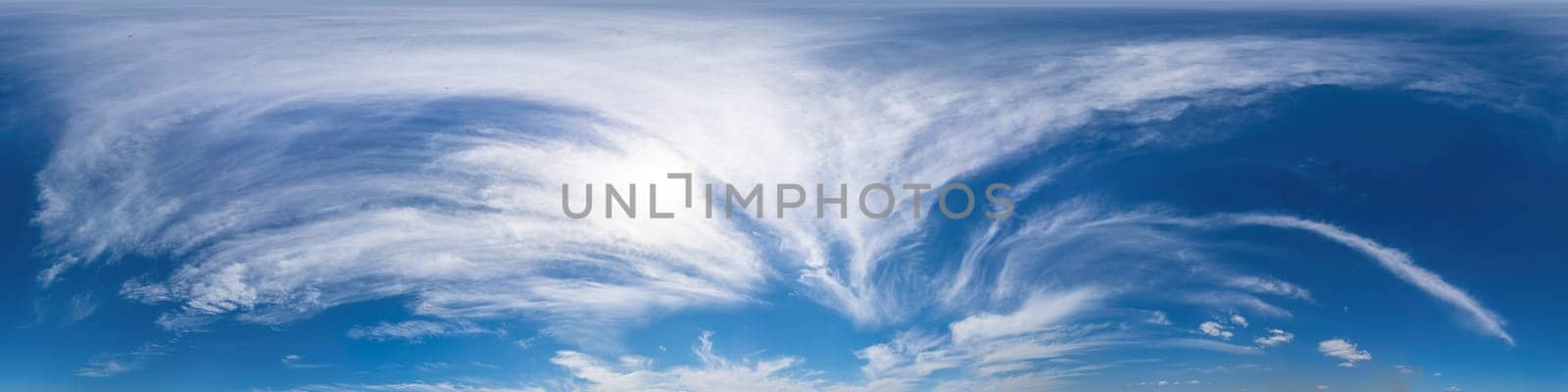 Sky dome panorama with clouds, no ground, suitable for easy use in 3D graphics and composite aerial and ground panoramas, seamless and perfect for sky replacement.