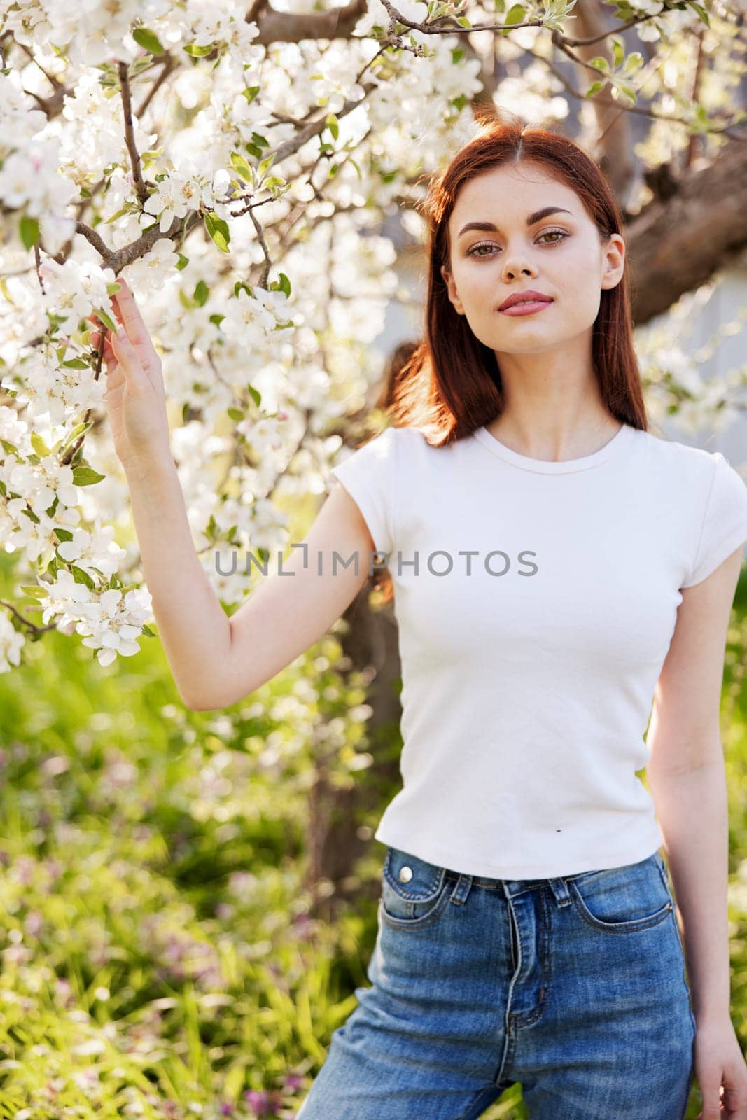 a pretty woman in casual clothes stands near a flowering tree in tall grass. High quality photo