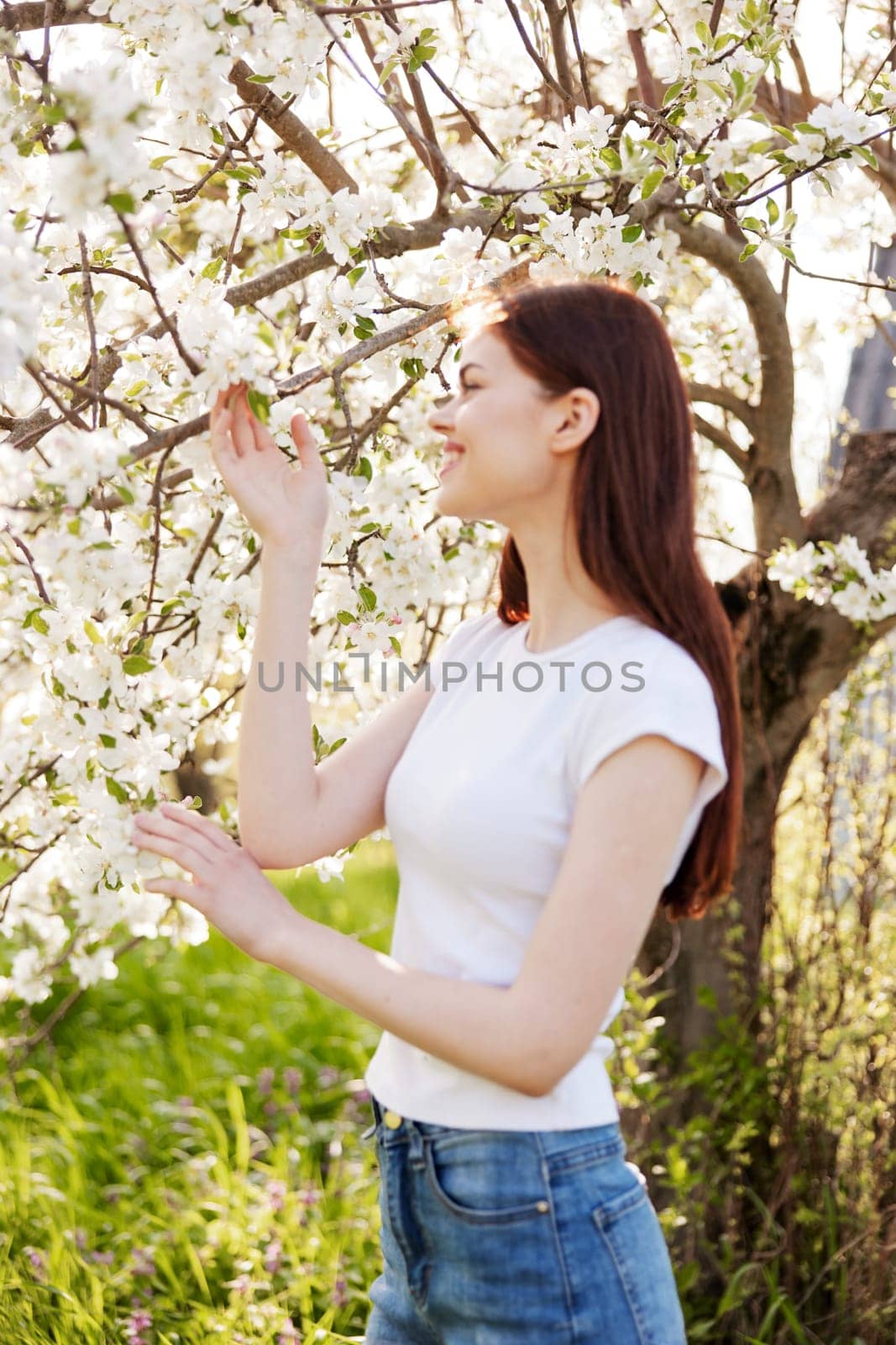 a pretty woman in casual clothes stands near a flowering tree in tall grass by Vichizh