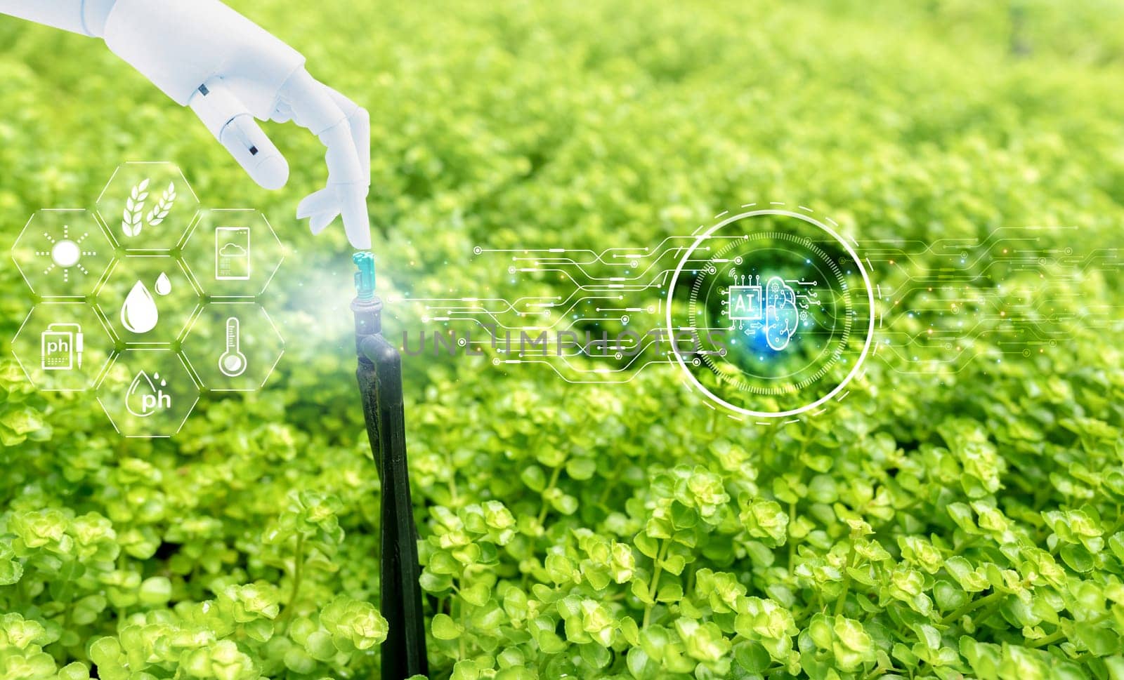 Robot hand touch automatic lawn sprinkler and icon of smart farming concept. Smart agriculture with modern technology concept. Sustainable agriculture. Precision agriculture. Climate monitoring. by Fahroni