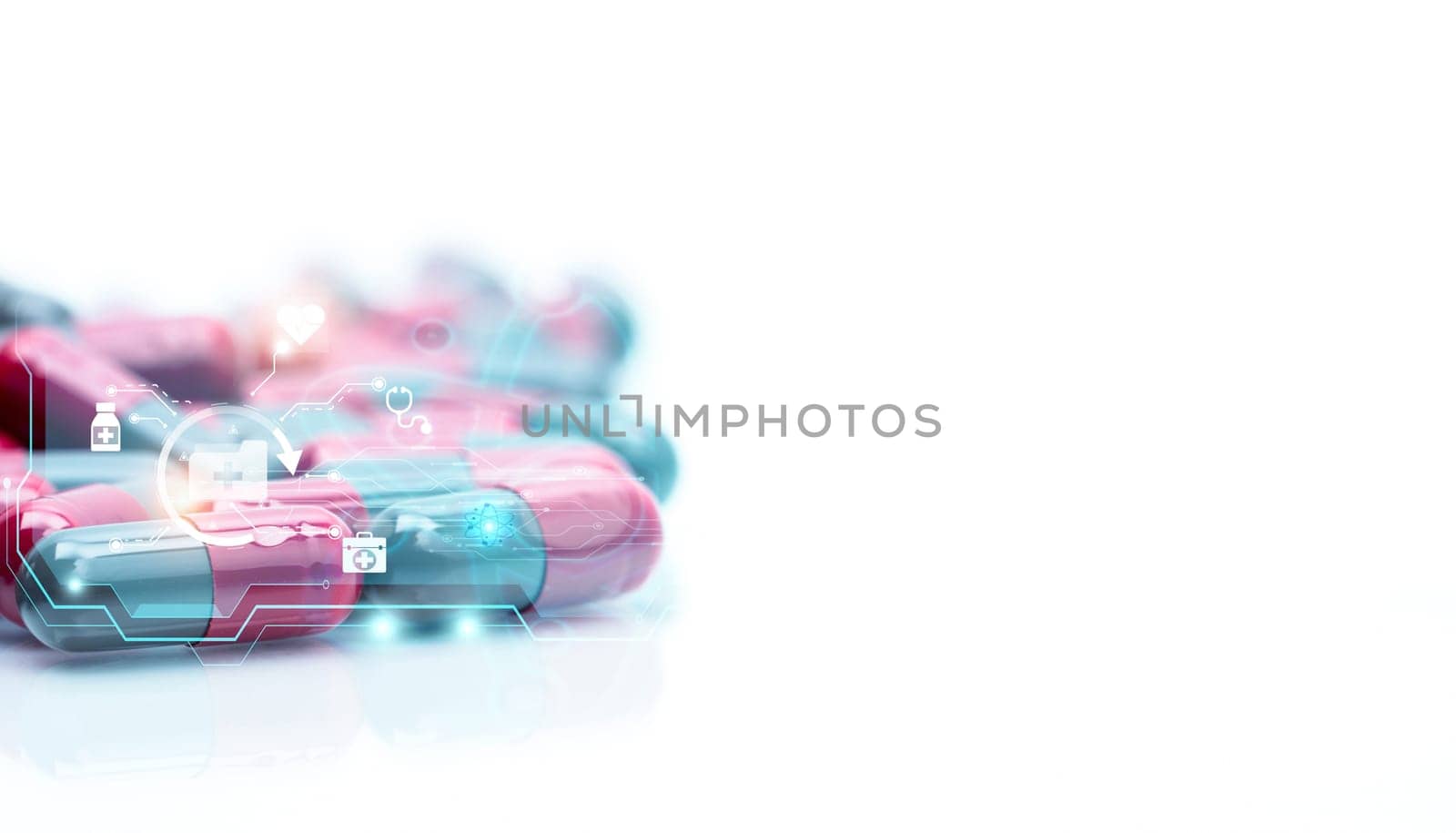 Capsules pills with medical and healthcare icons. Hospital care and health insurance service. Pharmaceutical technology. Pharmaceutical care. Drug research and development. Pharmaceutical science.