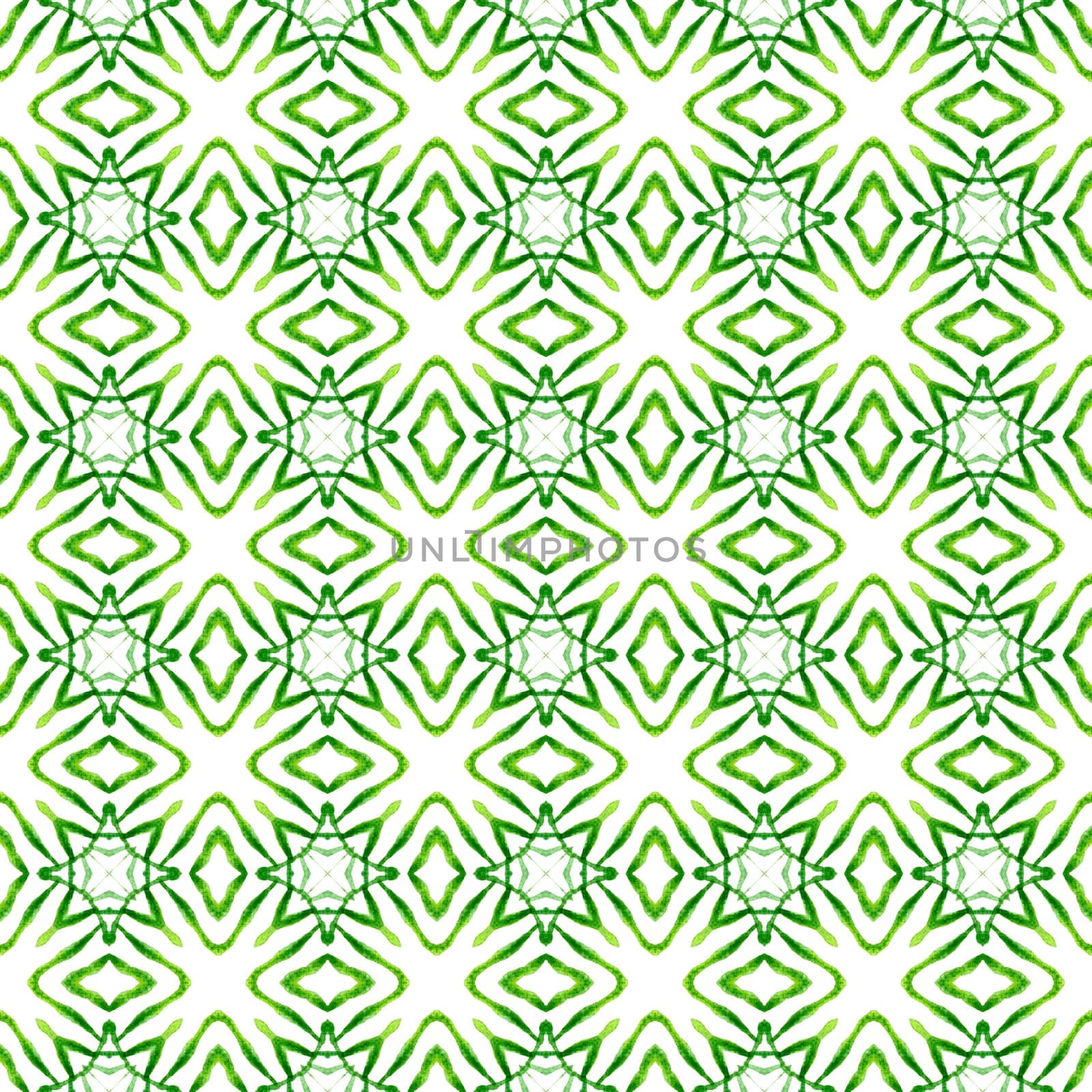 Ikat repeating swimwear design. Green splendid boho chic summer design. Textile ready brilliant print, swimwear fabric, wallpaper, wrapping. Watercolor ikat repeating tile border.
