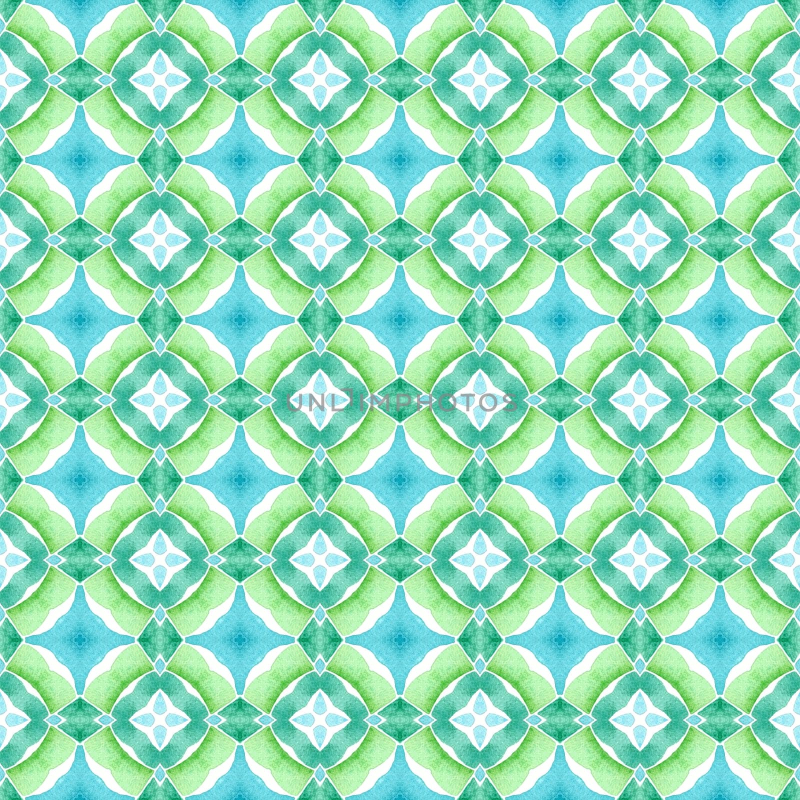 Textile ready unequaled print, swimwear fabric, wallpaper, wrapping. Green fair boho chic summer design. Ethnic hand painted pattern. Watercolor summer ethnic border pattern.