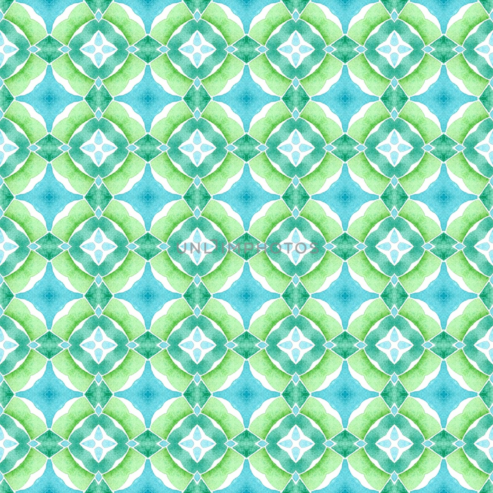 Textile ready unequaled print, swimwear fabric, wallpaper, wrapping. Green fair boho chic summer design. Ethnic hand painted pattern. Watercolor summer ethnic border pattern.