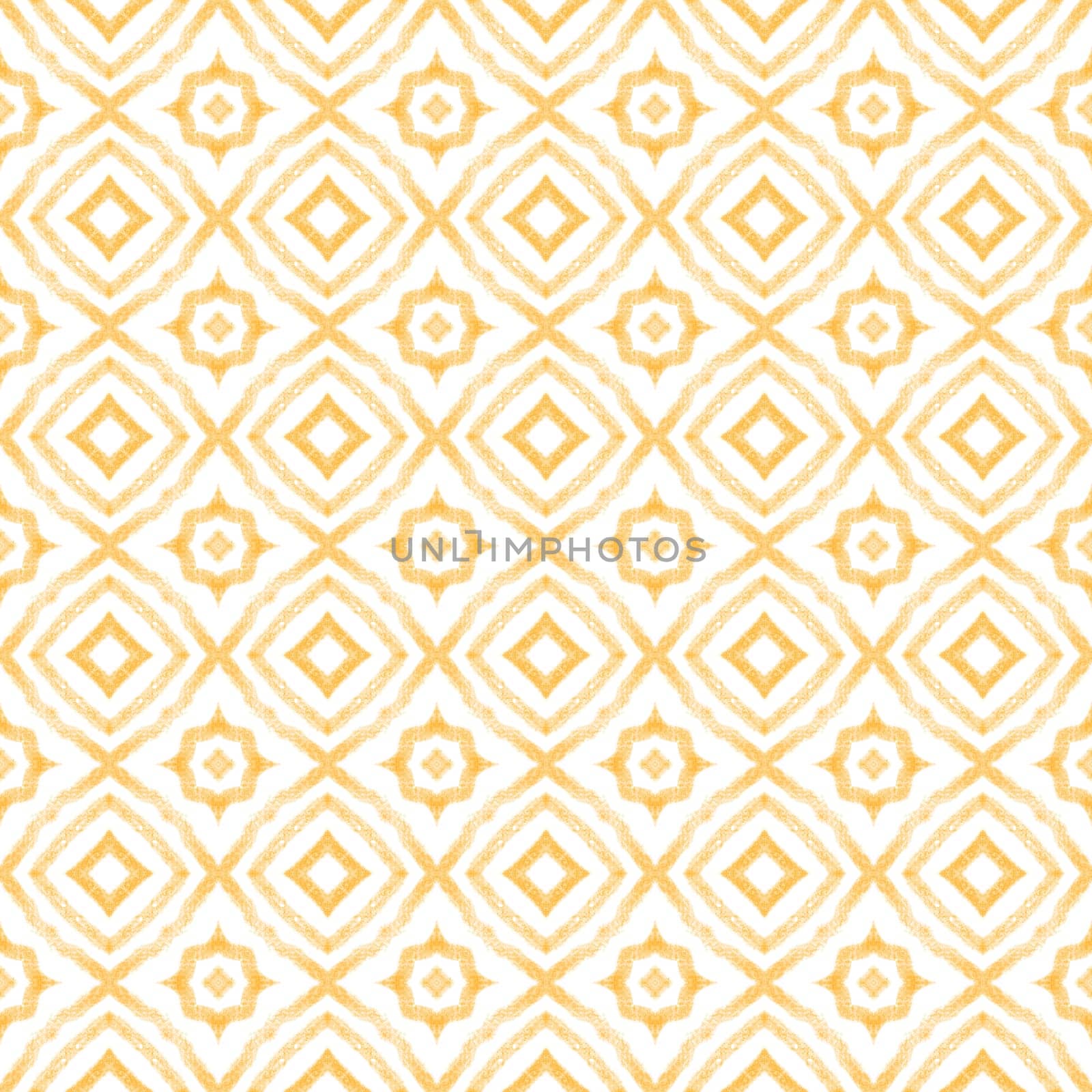Tiled watercolor pattern. Yellow symmetrical kaleidoscope background. Textile ready bizarre print, swimwear fabric, wallpaper, wrapping. Hand painted tiled watercolor seamless.