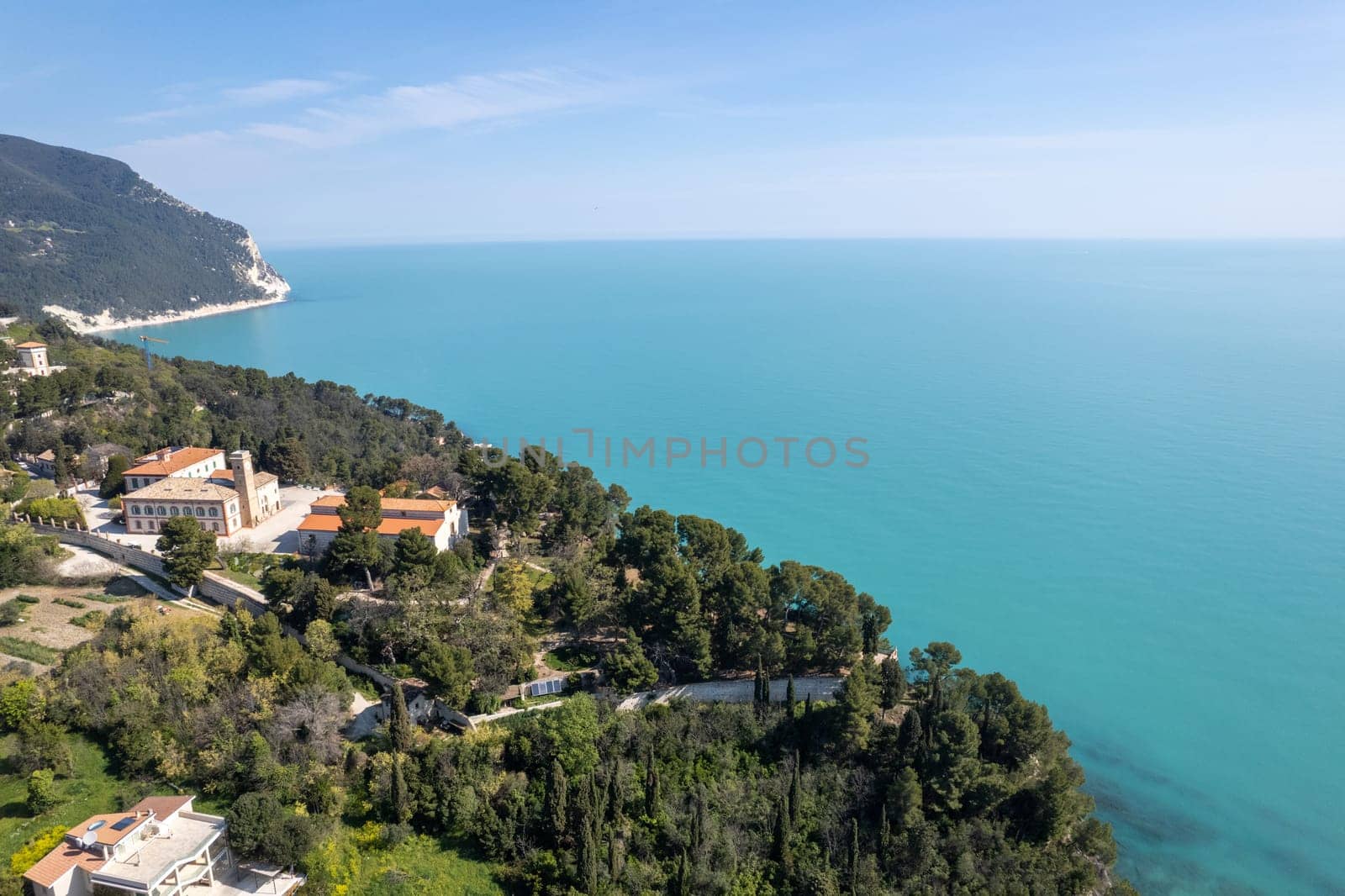 Aerial drone view of Sirolo and Numana town , Conero Mount, Adriatic Sea beach in Le Marche region, Italy , Europa