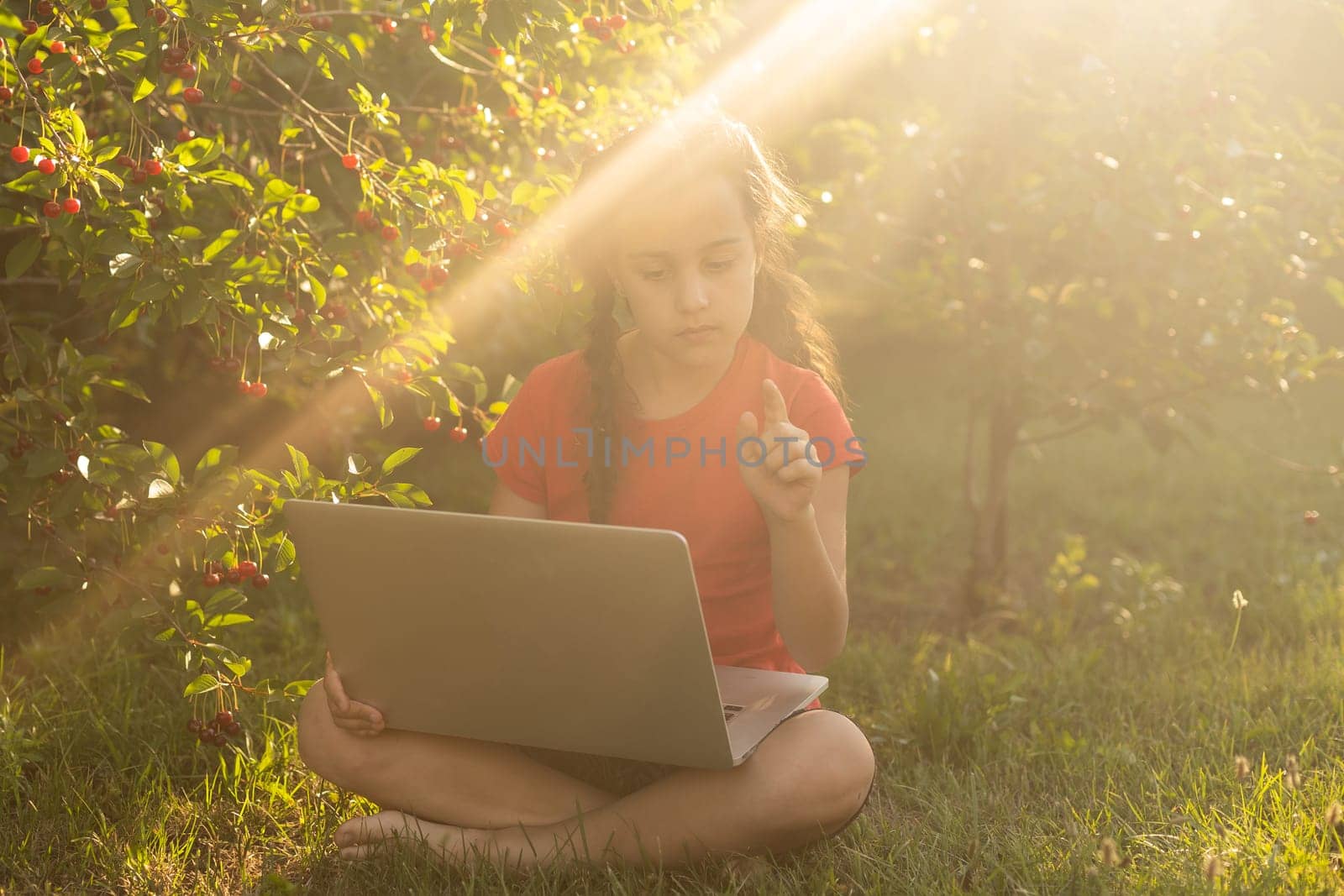 little girl usng laptop in a summer garden by Andelov13