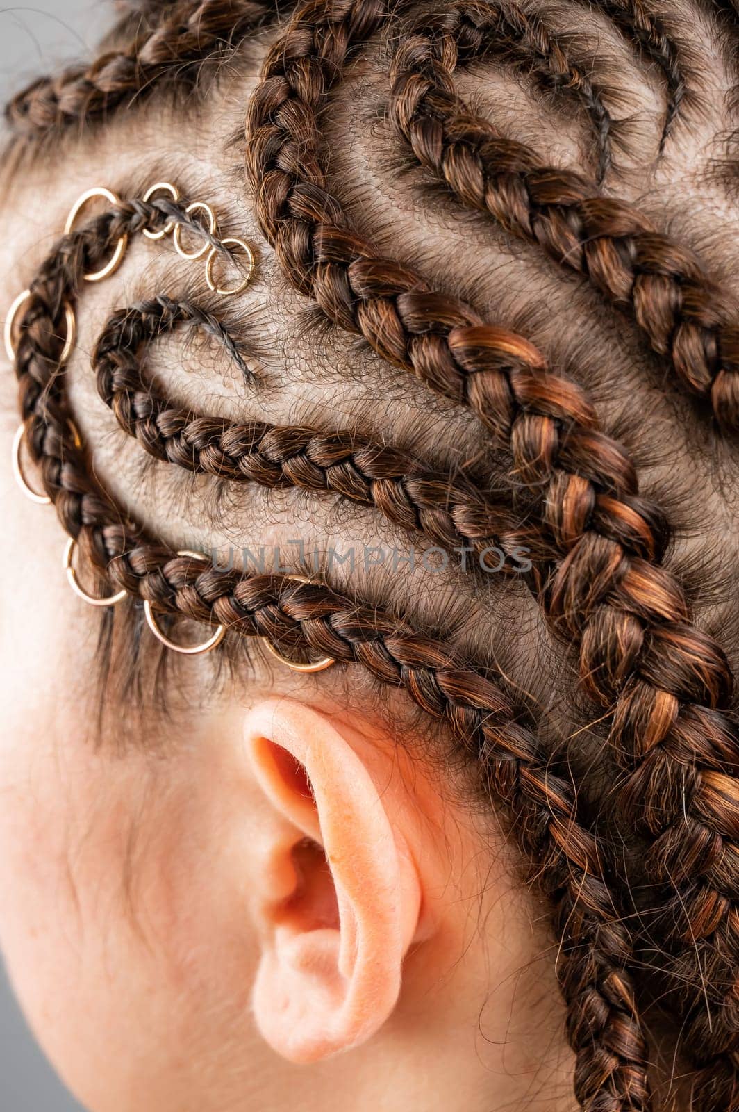 Close-up of braids on the head of a caucasian woman