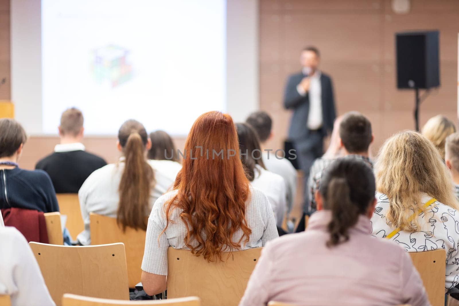 Speaker giving a talk in conference hall at business event. Rear view of unrecognizable people in audience at the conference hall. Business and entrepreneurship concept. by kasto