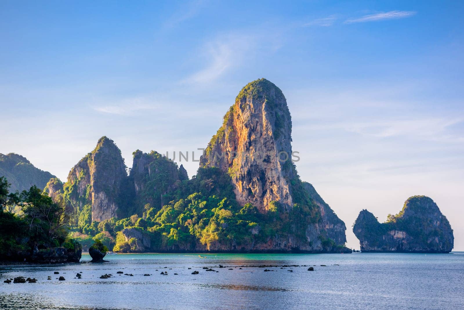 Cliff rocks and sea Tonsai Bay, Railay Beach, Ao Nang, Krabi, Thailand.