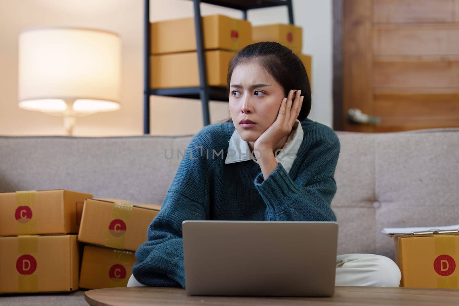 Small businesses SME owners female entrepreneurs stress while check online orders to prepare to pack the boxes, sell to customers, sme business ideas online.