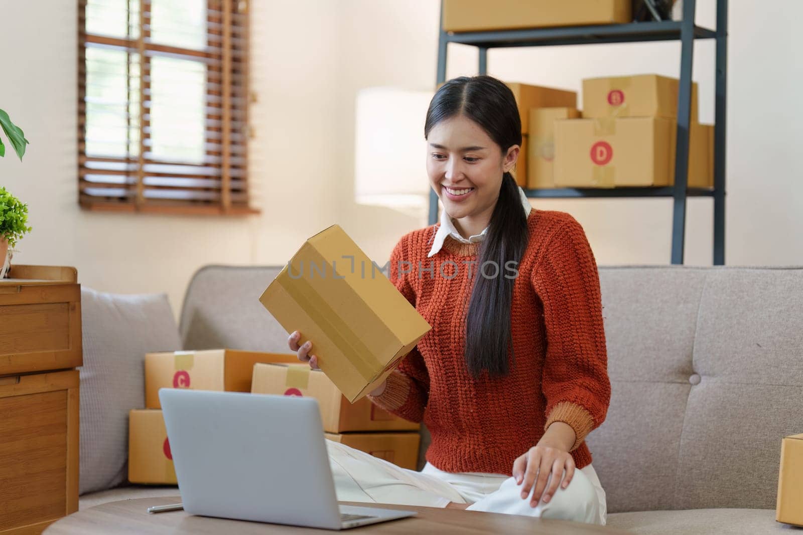 Small businesses SME owners female entrepreneurs check online orders to prepare to pack the boxes, sell to customers, sme business ideas online.