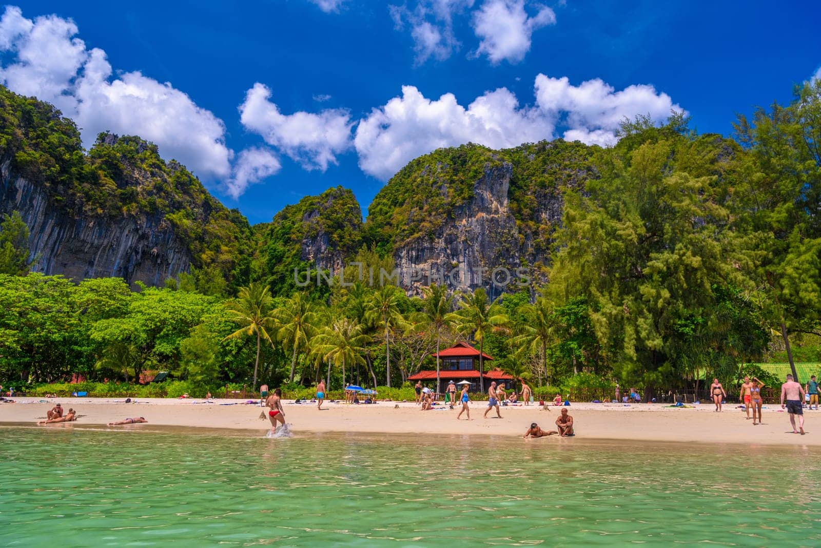 Bungalow house with red roof among coconut palms near the cliffs with people sunbathing and swimming in emerald water on Railay beach west, Ao Nang, Krabi, Thailand by Eagle2308