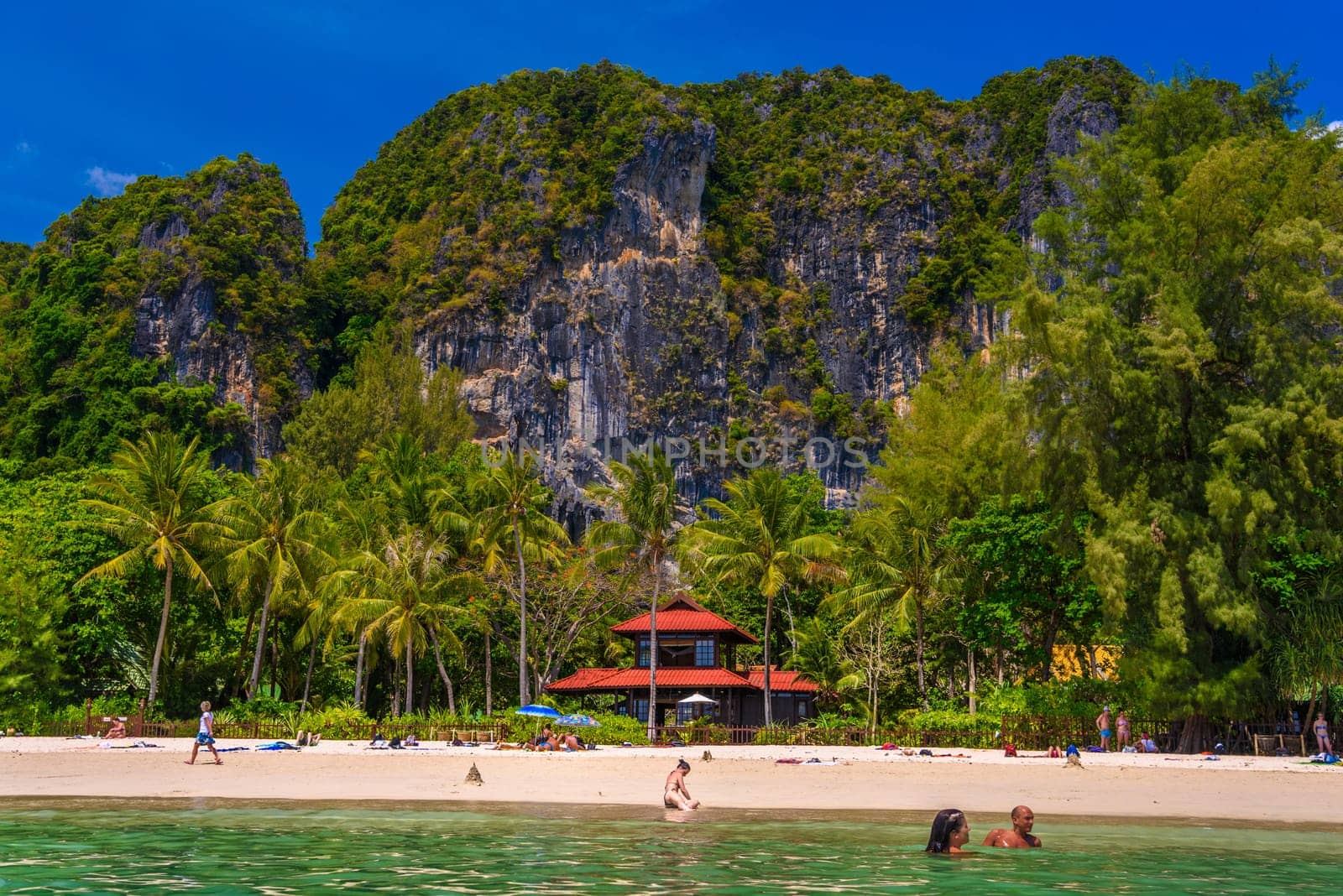 Bungalow house with red roof among coconut palms near the cliffs with people sunbathing and swimming in emerald water on Railay beach west, Ao Nang, Krabi, Thailand.