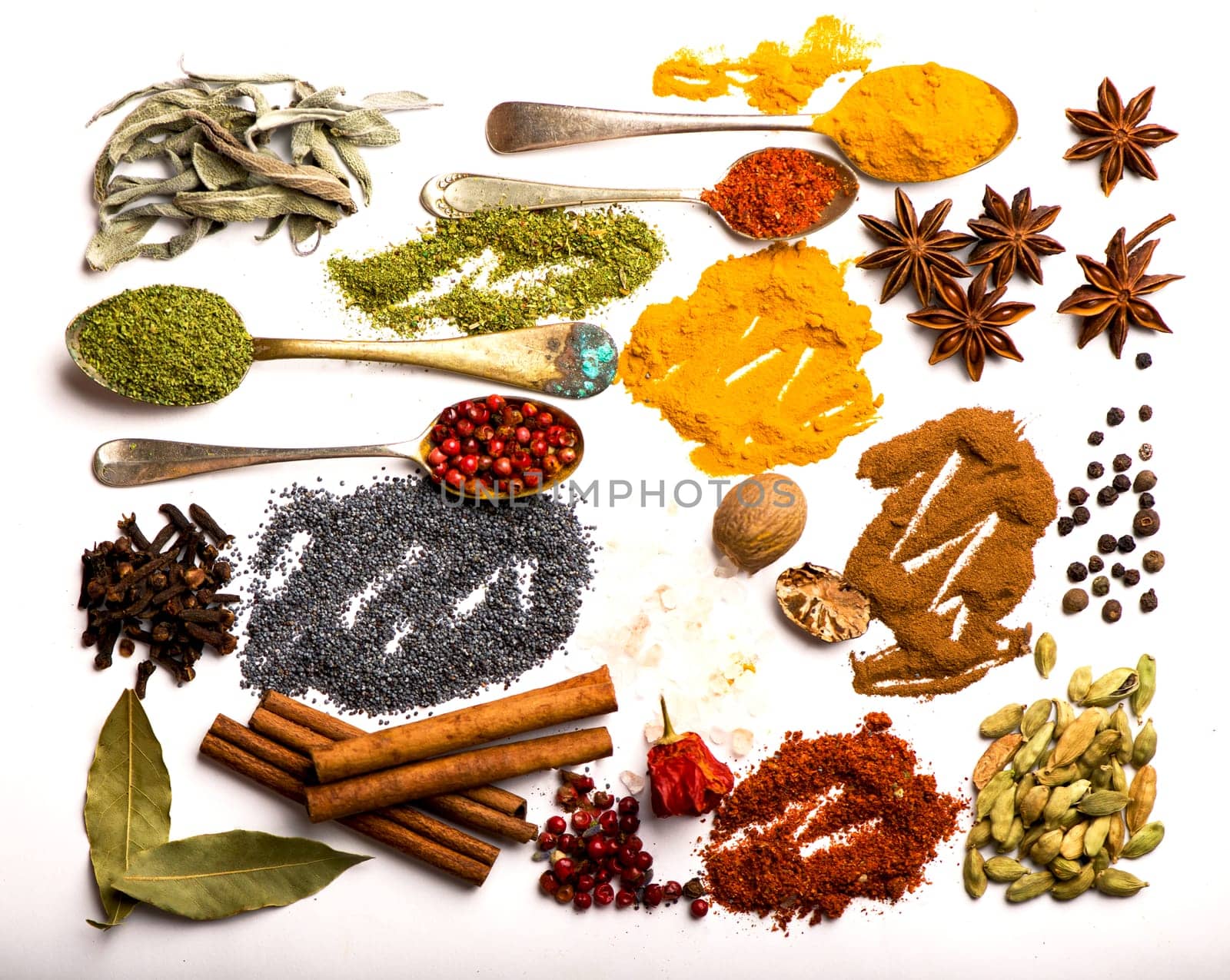 spices and herbs on white background. top view by aprilphoto