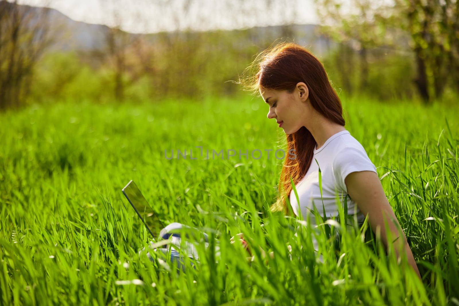 woman on the meadow relaxing and using a laptop by Vichizh