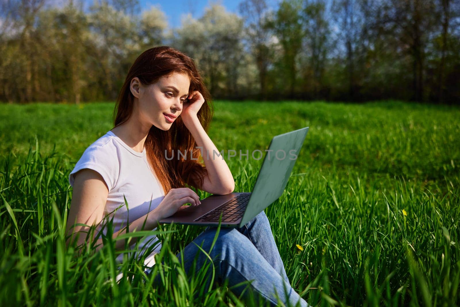 woman in nature working on a laptop on a sunny day. High quality photo