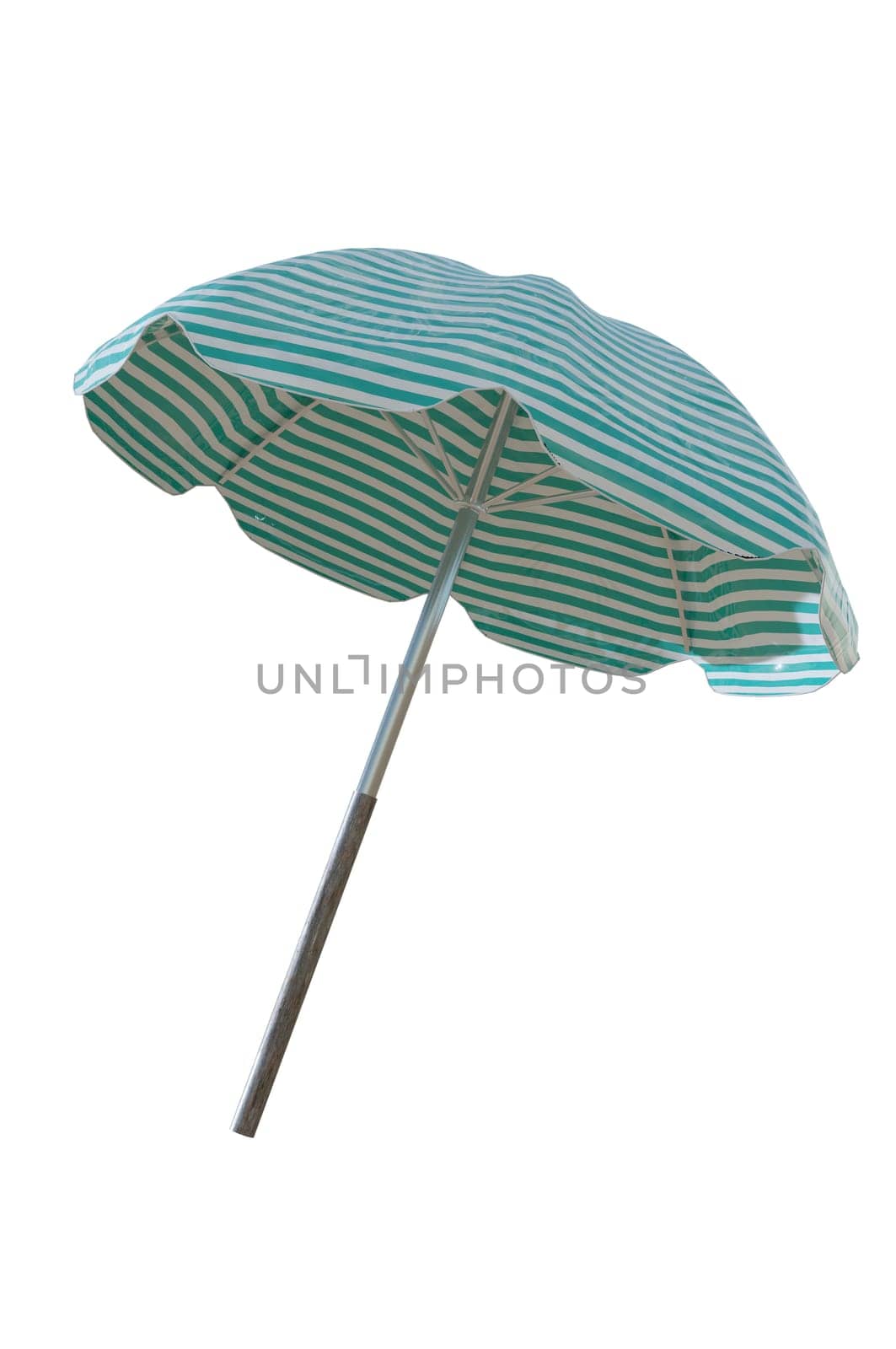 3D Illustration , green striped beach umbrellas on white background. 