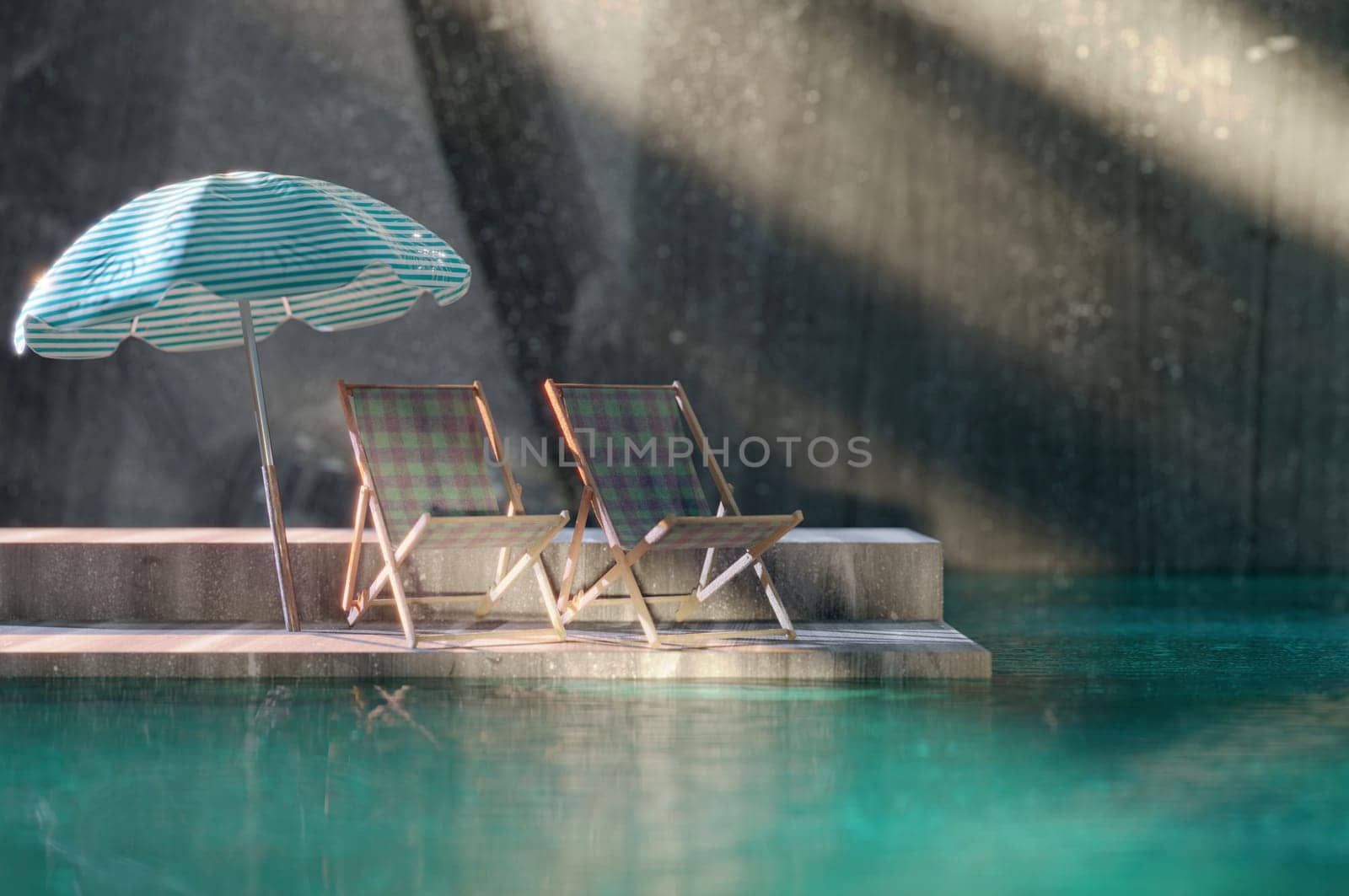 3d summer sale template. Composition of cute beach object and swimming pool. Concept of island vacation.