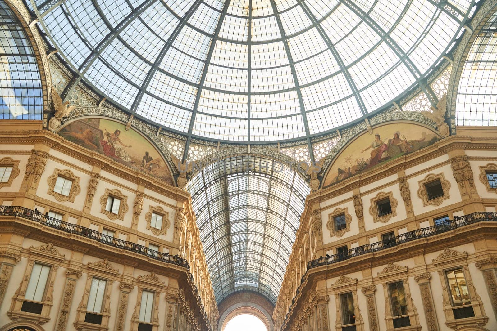 Milan, Italy - February 15, 2023: Interior of the Galleria Victor Emanuele II in Piazza del Duomo.