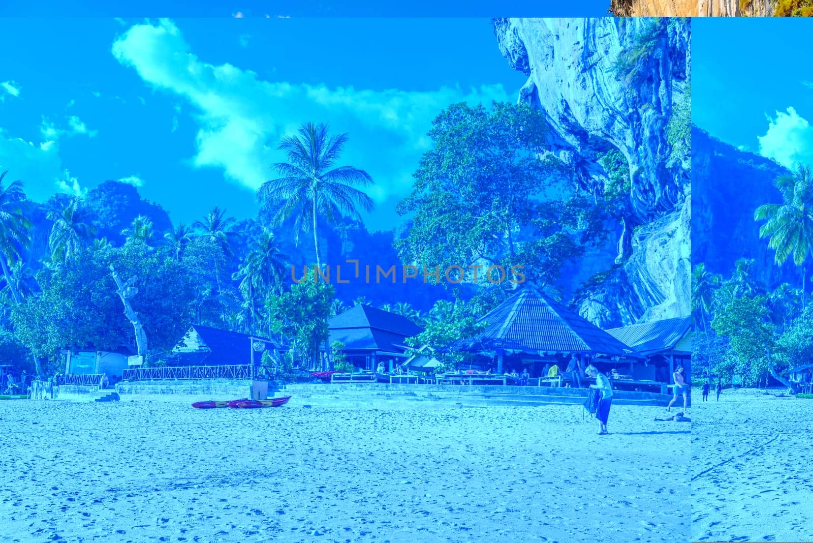 Buildings and palms near rock on Tonsai Bay, Railay Beach, Ao Nang, Krabi, Thailand.