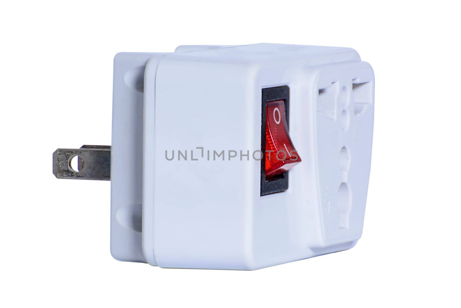Adapter power plug with a switch on a white background.