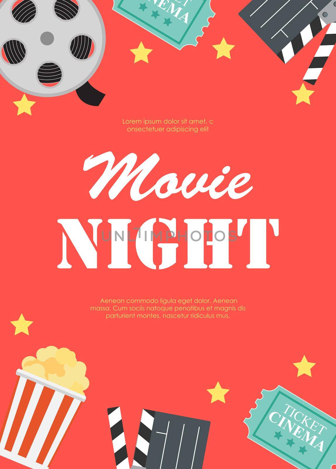 Abstract Movie Night Cinema Flat Background with Reel, Old Style Ticket, Big Pop Corn and Clapper Symbol Icons. Vector Illustration EPS10