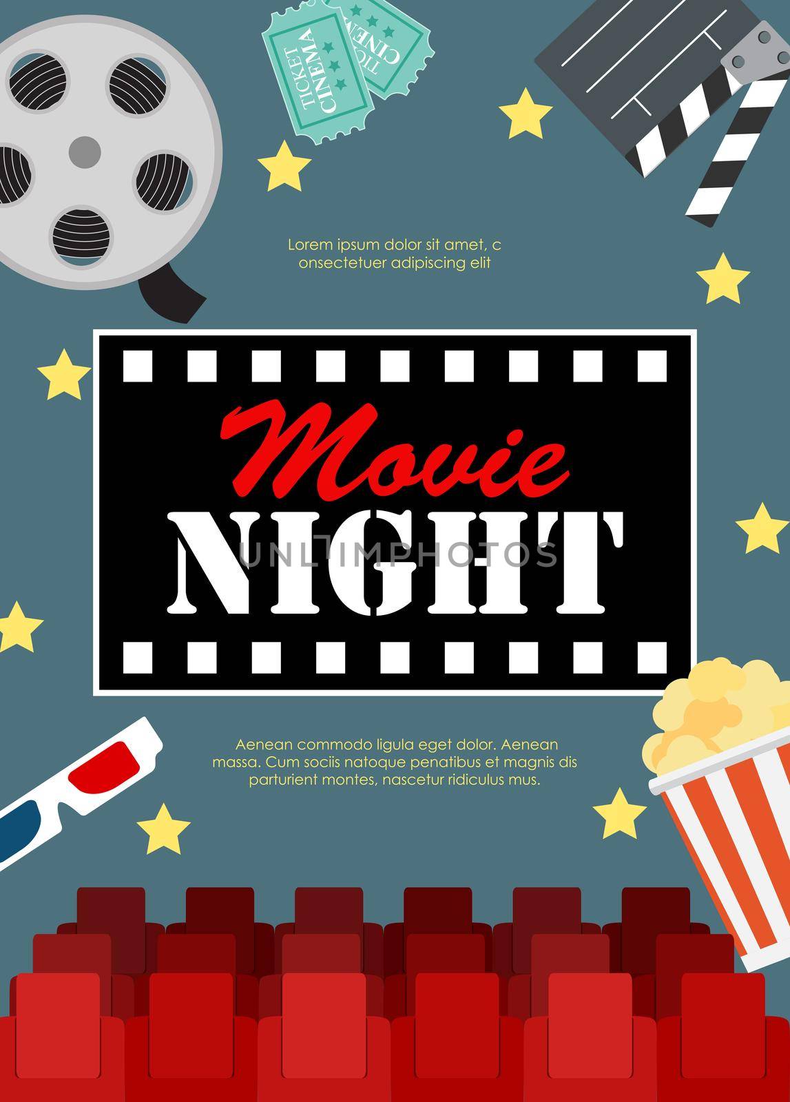Abstract Movie Night Cinema Flat Background with Reel, Old Style Ticket, Big Pop Corn and Clapper Symbol Icons. Vector Illustration EPS10