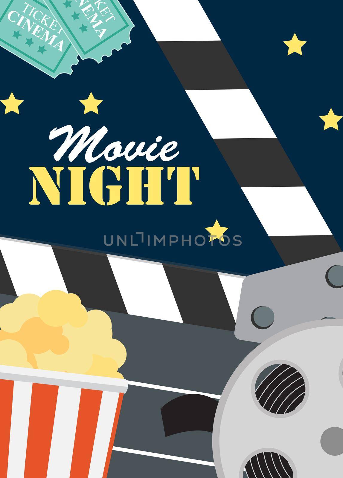 Abstract Movie Night Cinema Flat Background with Reel, Old Style Ticket, Big Pop Corn and Clapper Symbol Icons. Vector Illustration EPS10