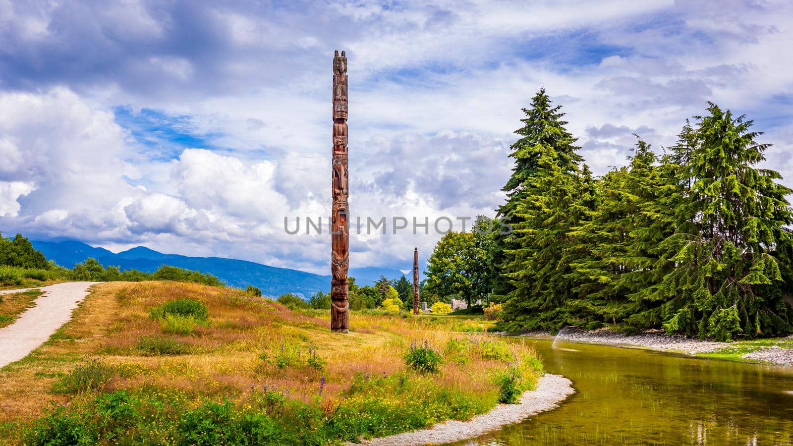 Vancouver, British Columbia, Canada - July 6, 2018: Totem poles in Museum of Anthropolgy at University of British Columbia