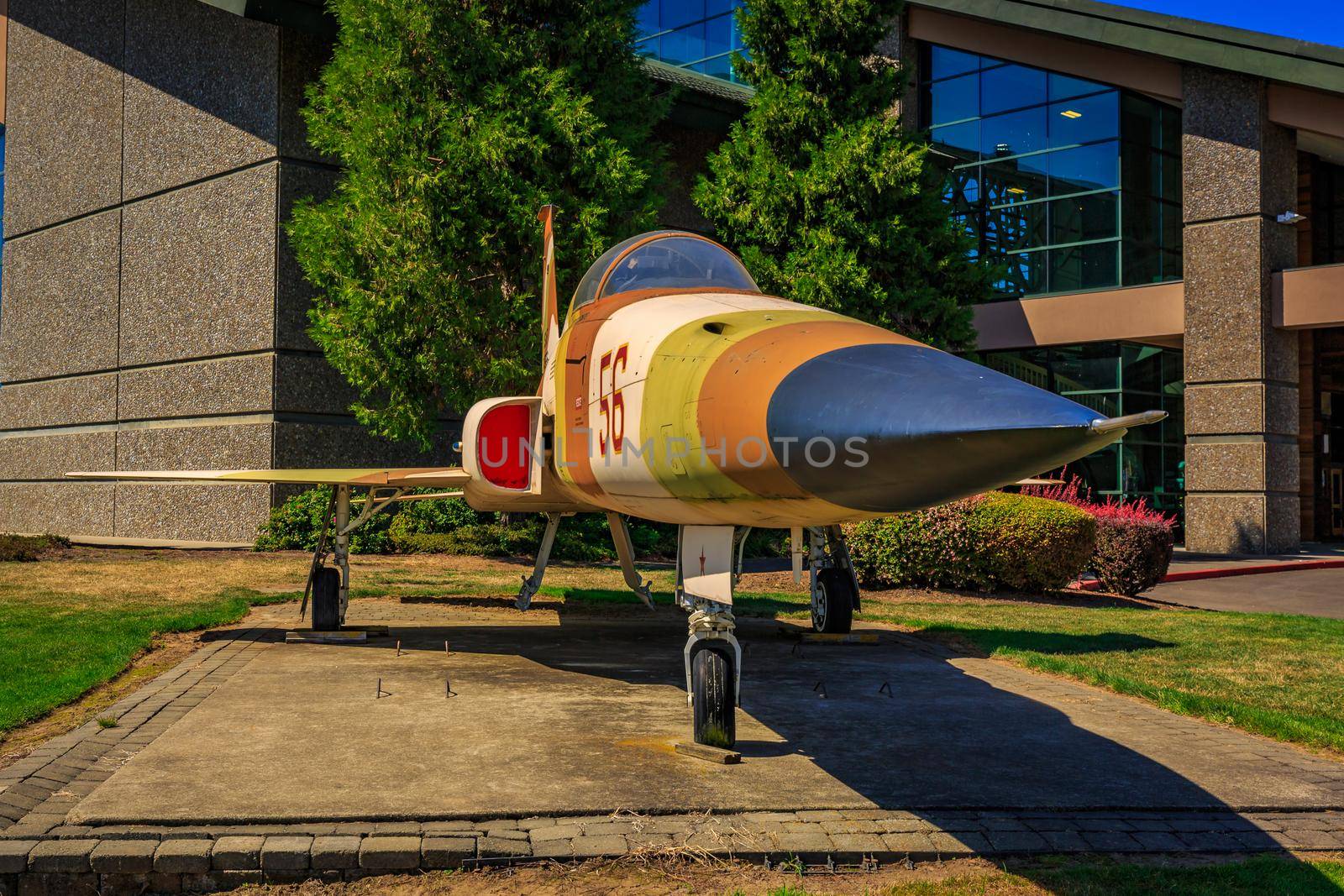 McMinnville, Oregon - August 21, 2017: US Air Force Northrop F-5E Tiger II with desert strip on exhibition at Evergreen Aviation & Space Museum.