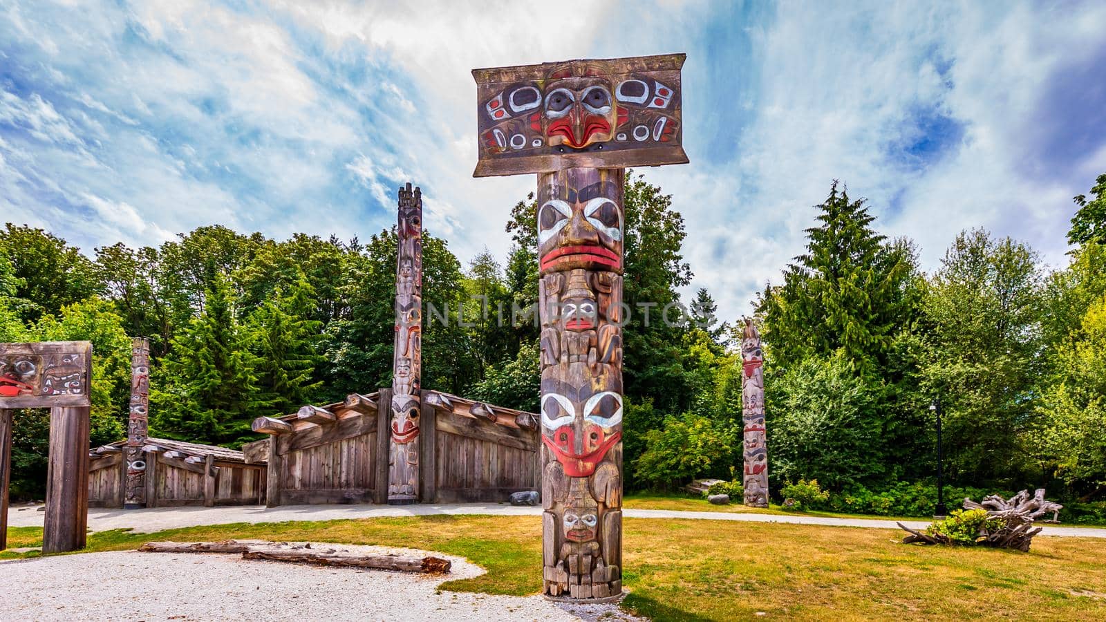 Vancouver, British Columbia, Canada - July 6, 2018: First Nations totem poles and Haida houses in Museum of Anthropogy at UBC