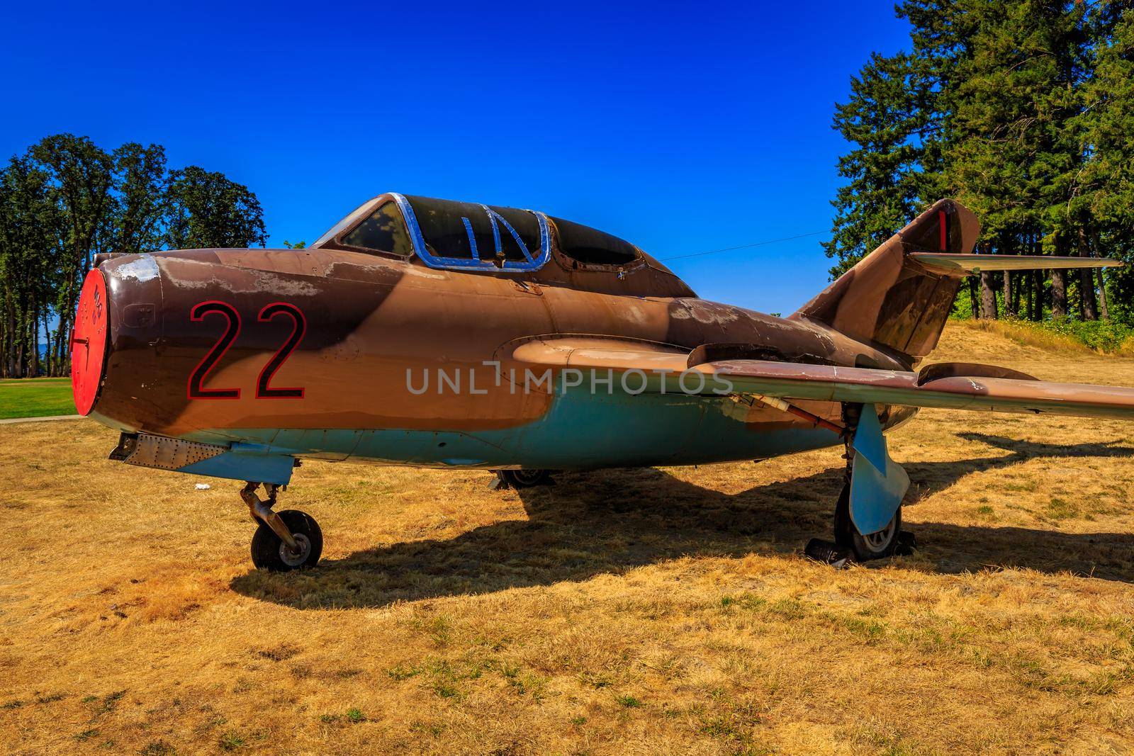 McMinnville, Oregon - August 21, 2017: Mikoyan-Gurevich MiG-15UTI 'Midget' (Shenyang JJ-2) '22 Black' on exhibition at Evergreen Aviation & Space Museum.