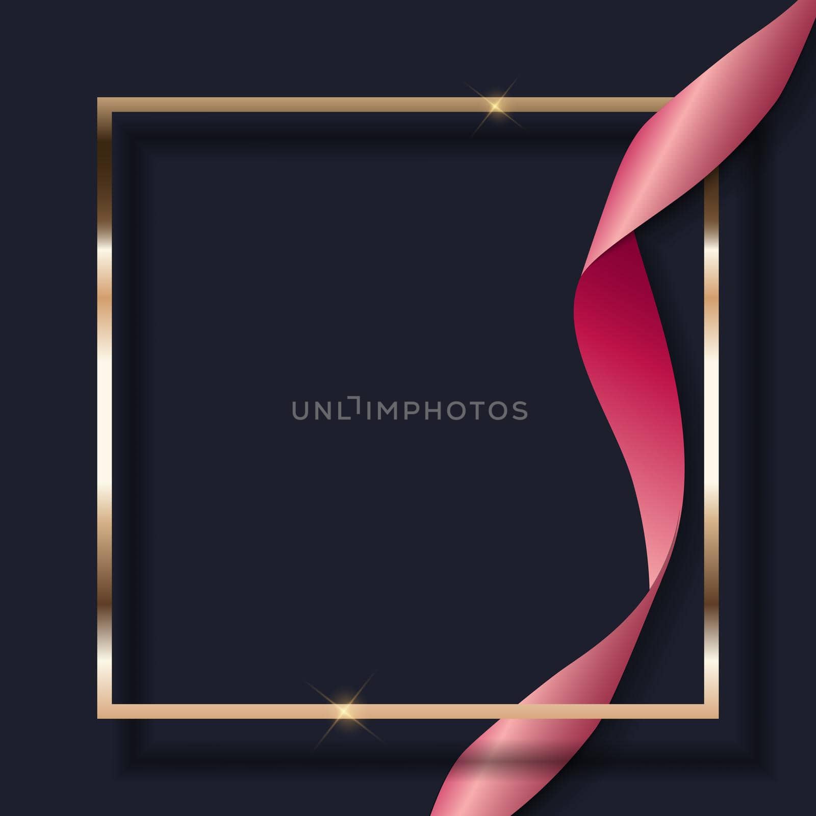 Pink Ribbon and Golden Frame on Dark Background. Vector Illustration EPS10