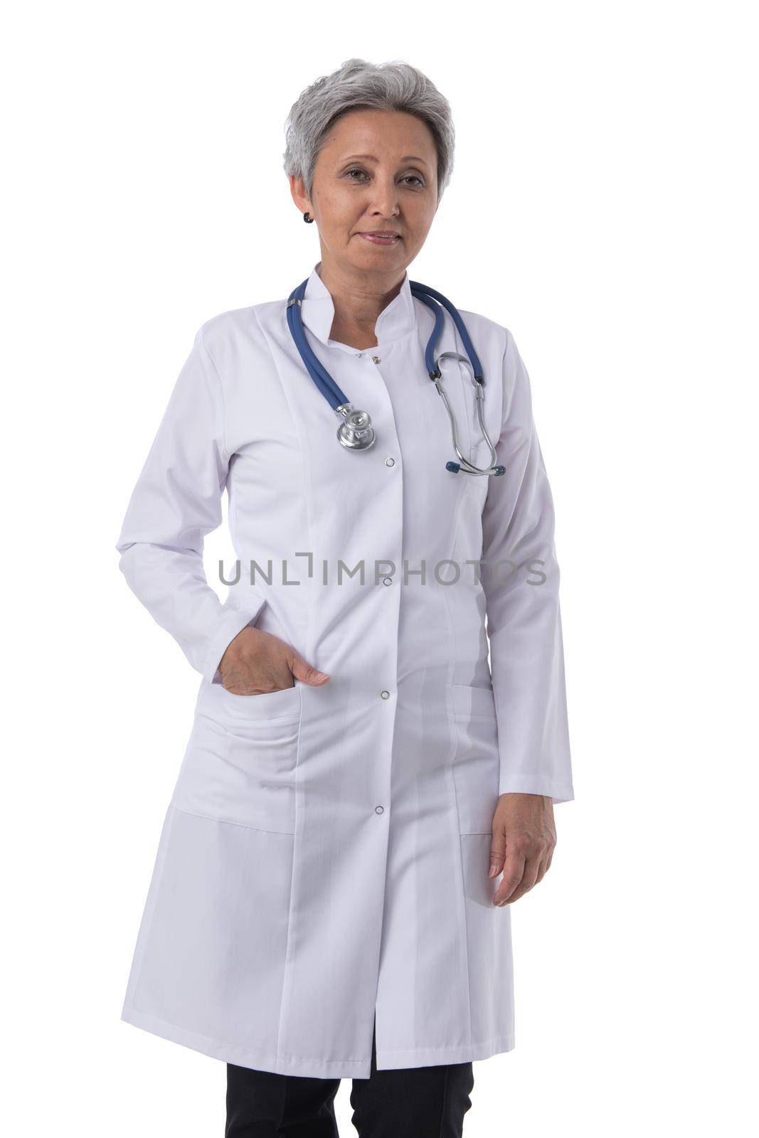 Portrait of smiling mature Asian doctor with stethoscope isolated over white background