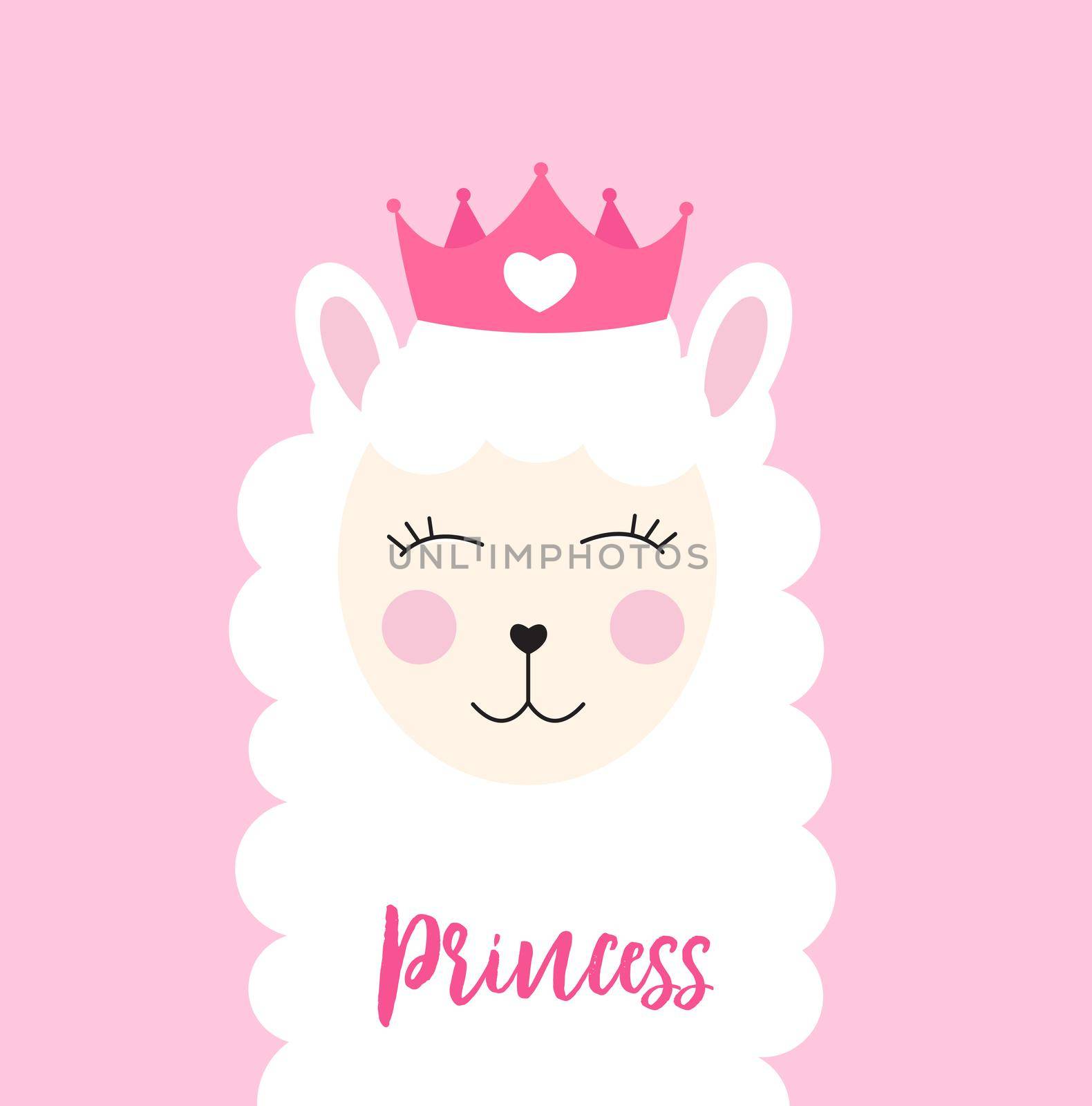 Little Princess cute llama with heart for card and shirt design. Vector Illustration by yganko