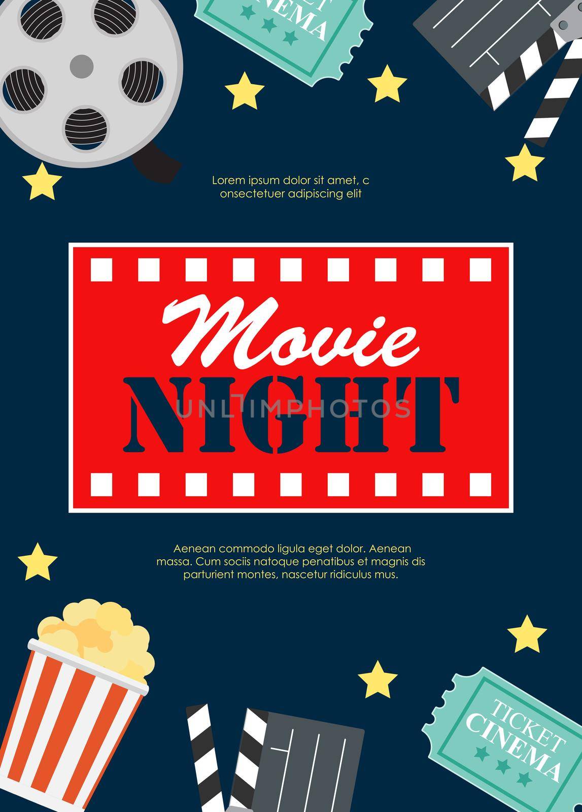 Abstract Movie Night Cinema Flat Background with Reel, Old Style Ticket, Big Pop Corn and Clapper Symbol Icons. Vector Illustration by yganko